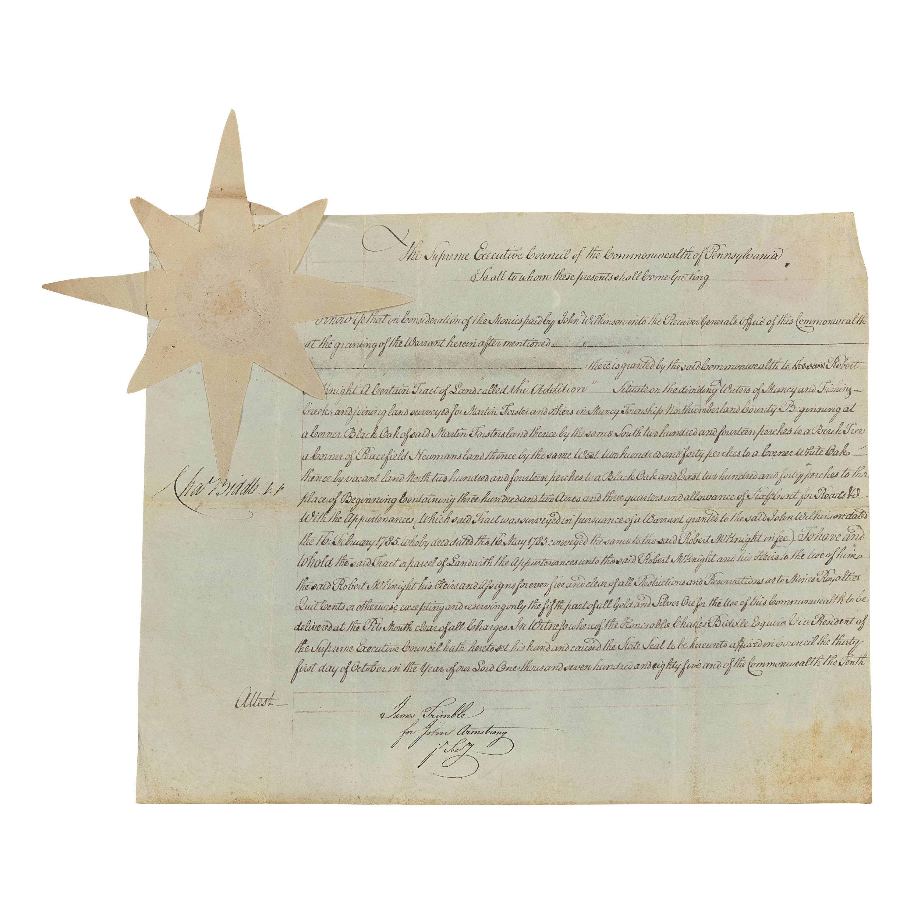 [Americana] Biddle, Charles. Signed land indenture