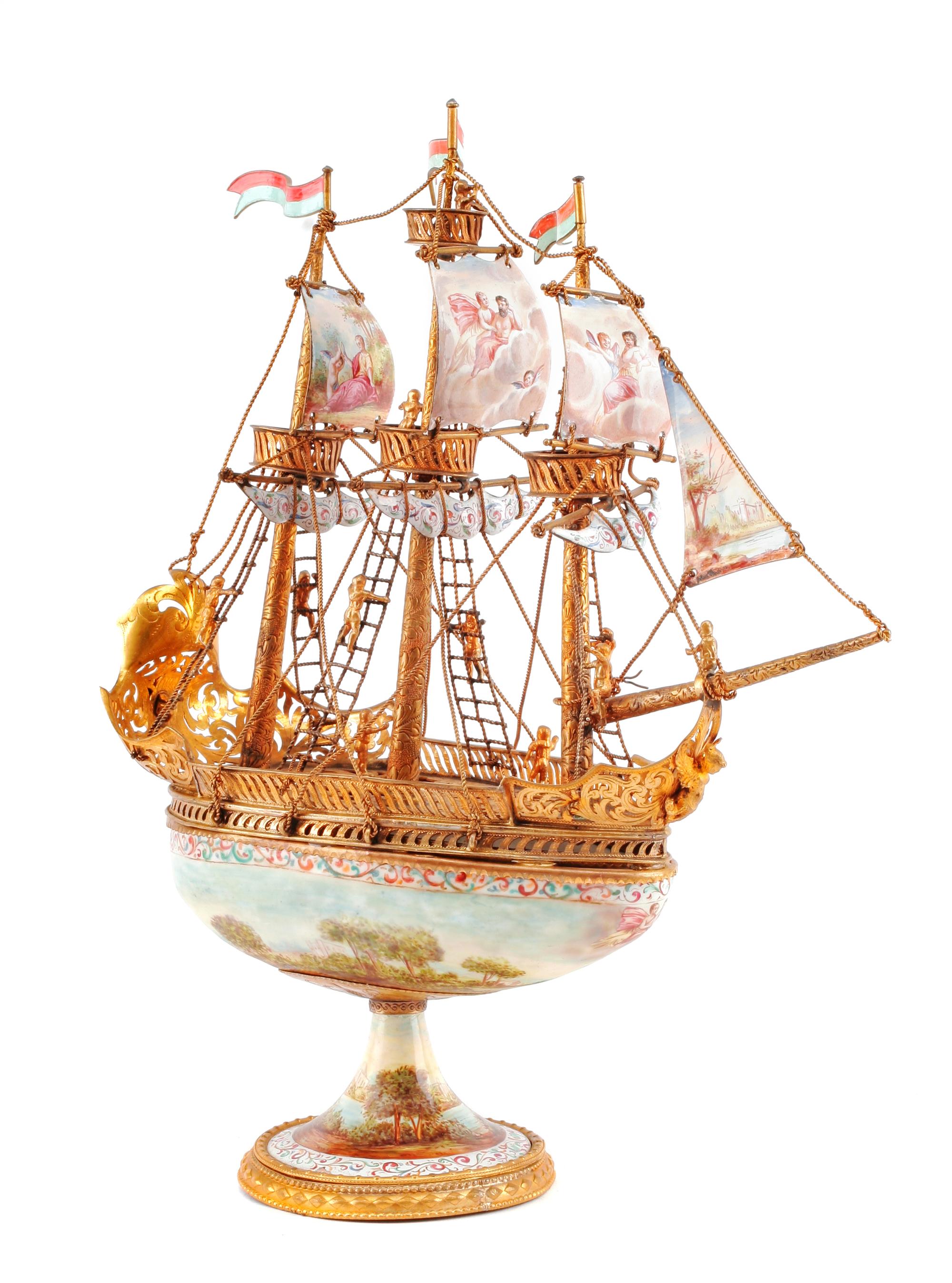 An Austrian Enameled Gilt Metal Model of a Ship, ,