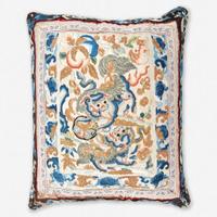 A Chinese embroidered silk "Buddhist Lions" panel, mounted as a pillow 刺绣太狮少狮画片嵌枕头 The panel Qing Dynasty ?????