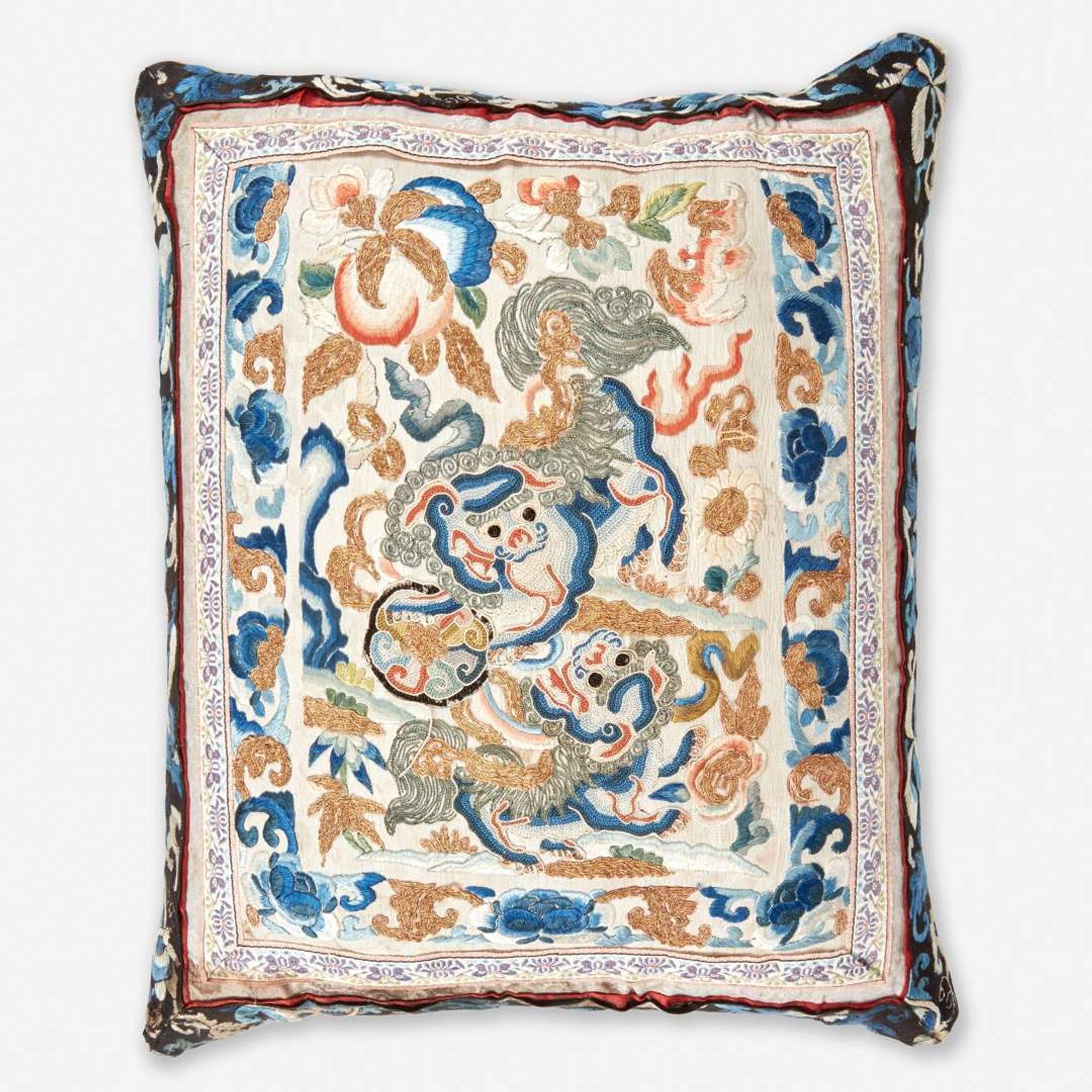 A Chinese embroidered silk "Buddhist Lions" panel, mounted as a pillow 刺绣太狮少狮画片嵌枕头 The panel Qing Dynasty ?????