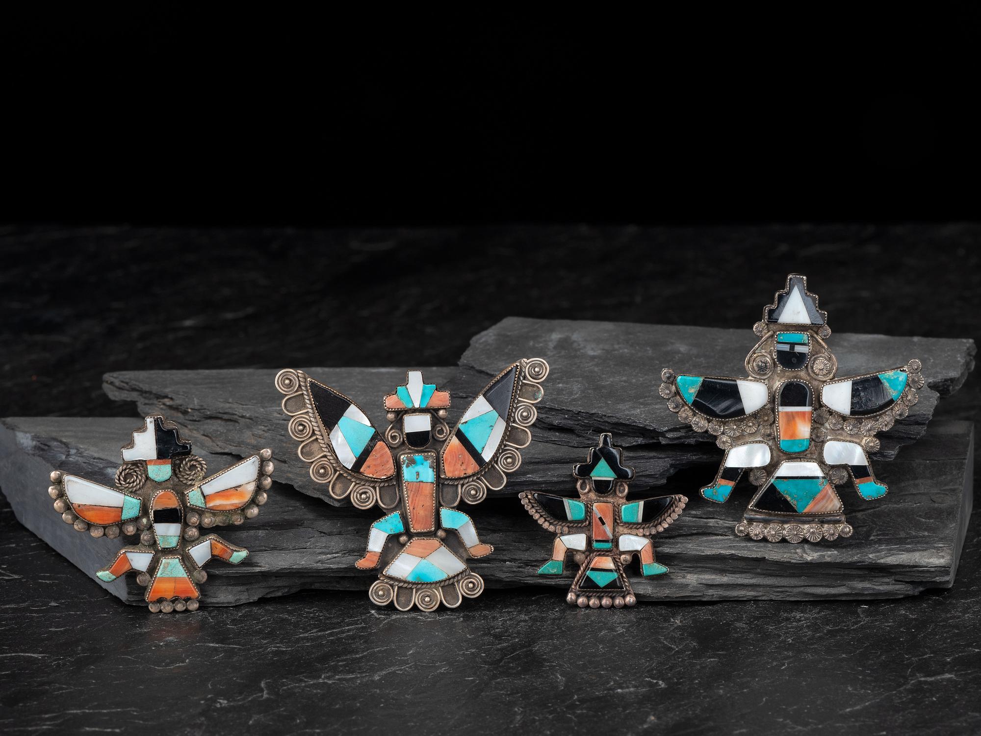 Zuni Silver and Mosaic Inlay Knifewing Pins / Brooches