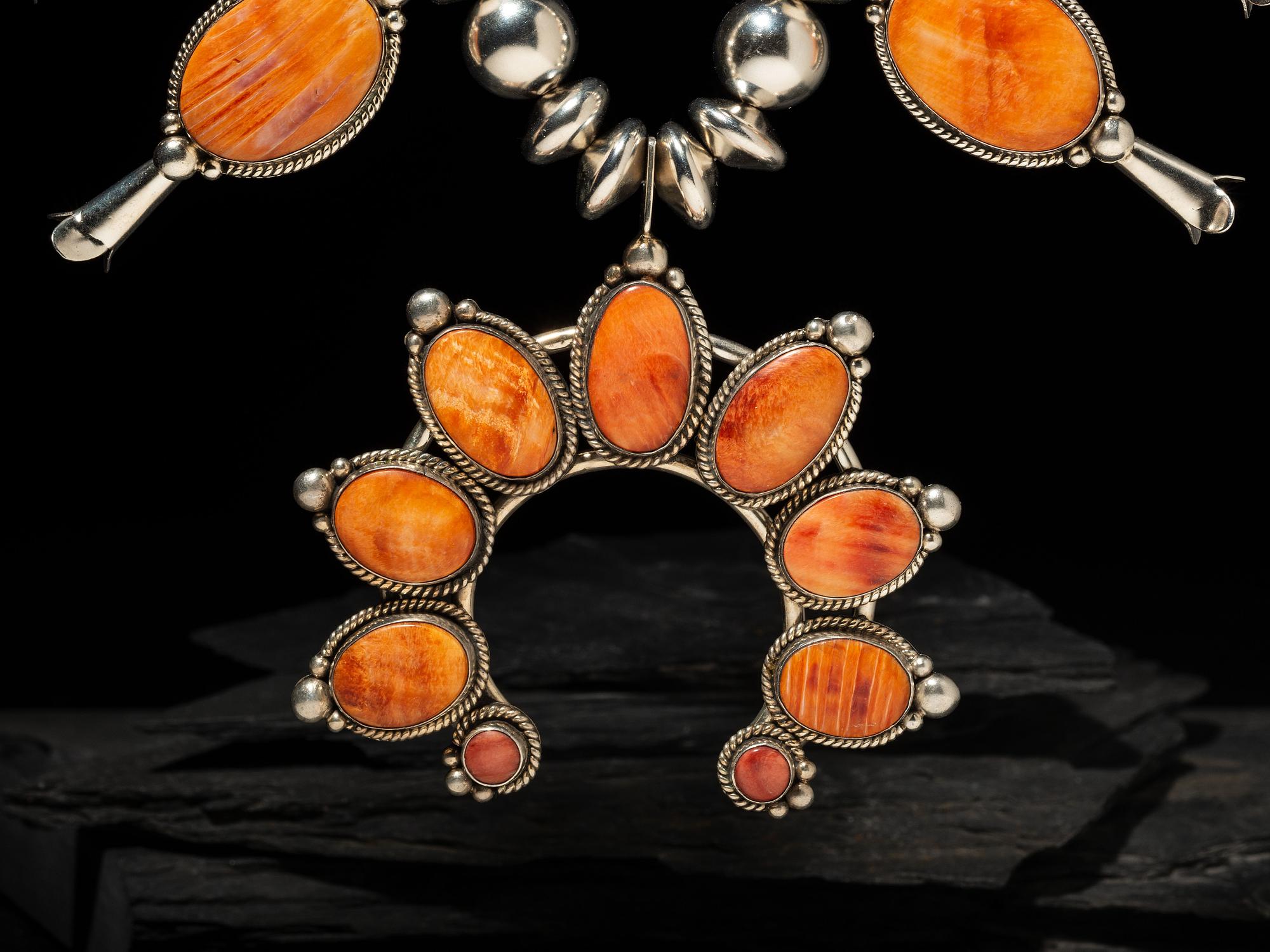 Navajo Sterling Silver and Spiny Oyster Squash Blossom Necklace