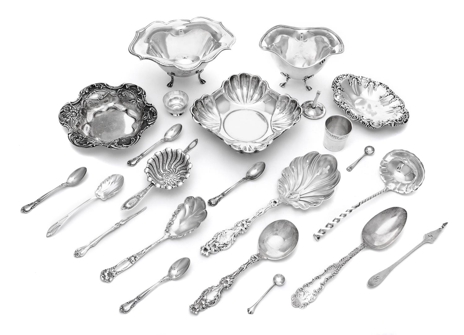 A Group of American Silver Articles, various makers, comprising two footed bowls, three nut dishes, tea strainer, sugar bowl, shot glas