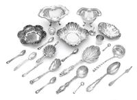 A Group of American Silver Articles, various makers, comprising two footed bowls, three nut dishes, tea strainer, sugar bowl, shot glas