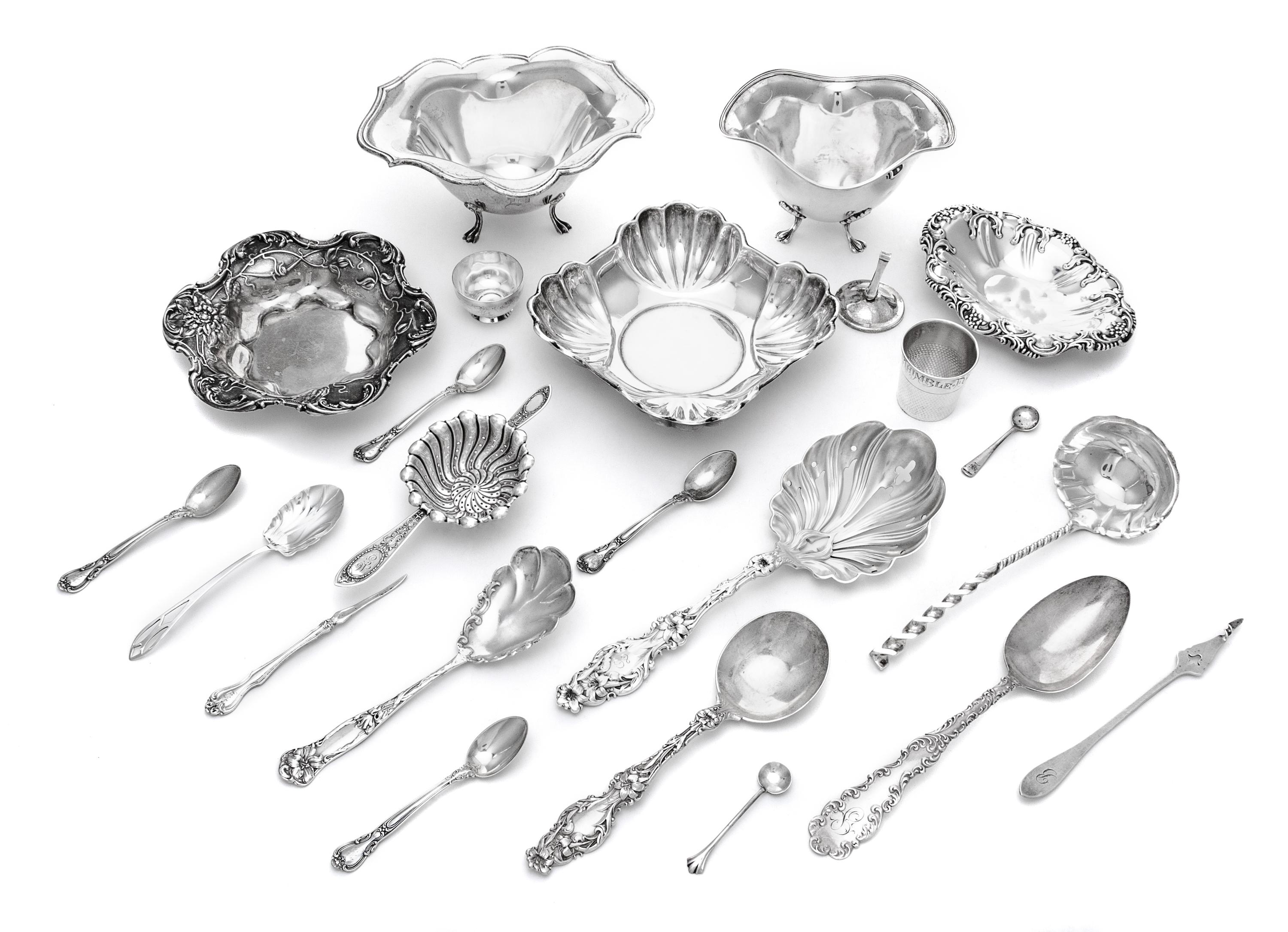 A Group of American Silver Articles, various makers, comprising two footed bowls, three nut dishes, tea strainer, sugar bowl, shot glas