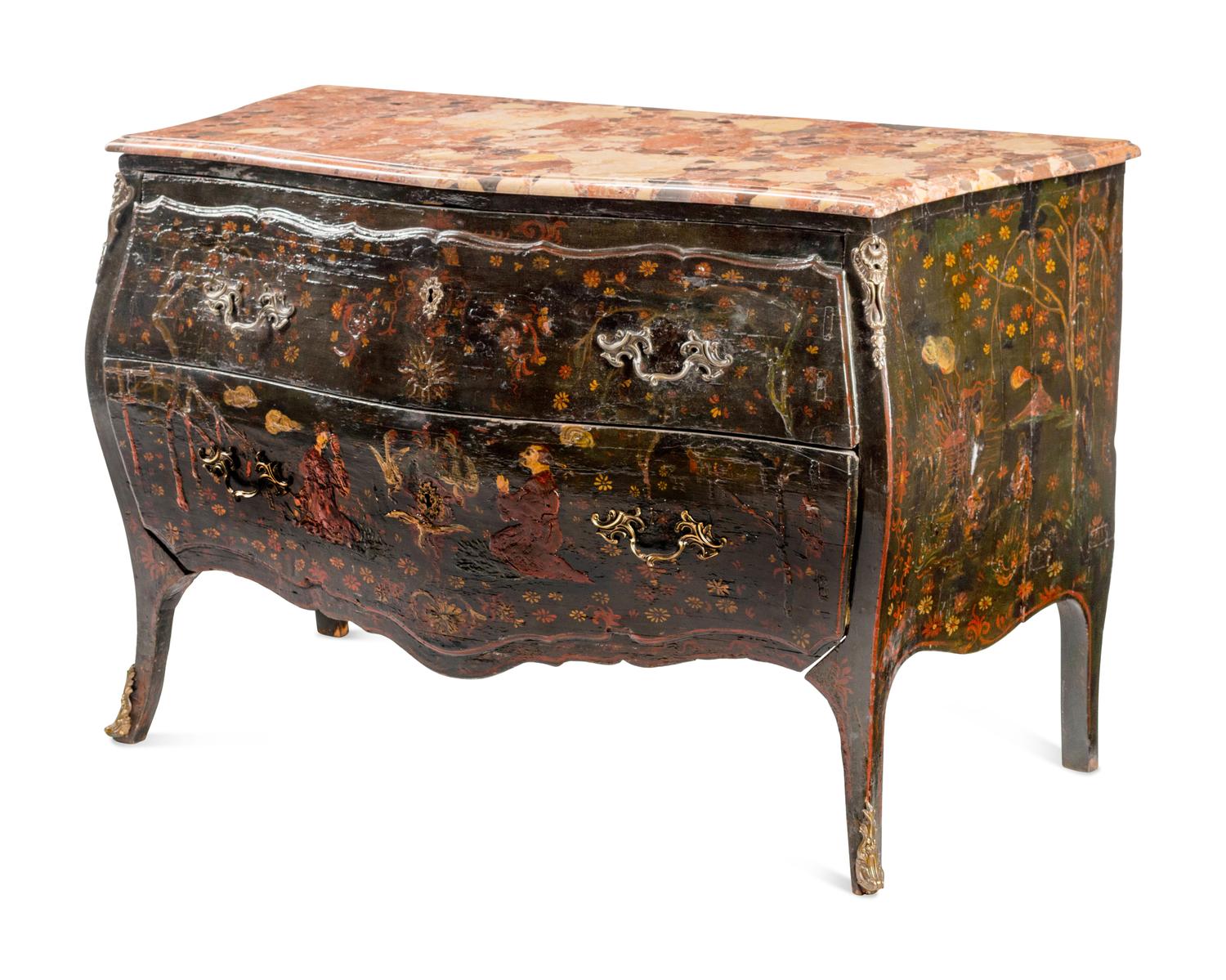 A Louis XV Gilt Bronze Mounted Painted Marble-Top Commode