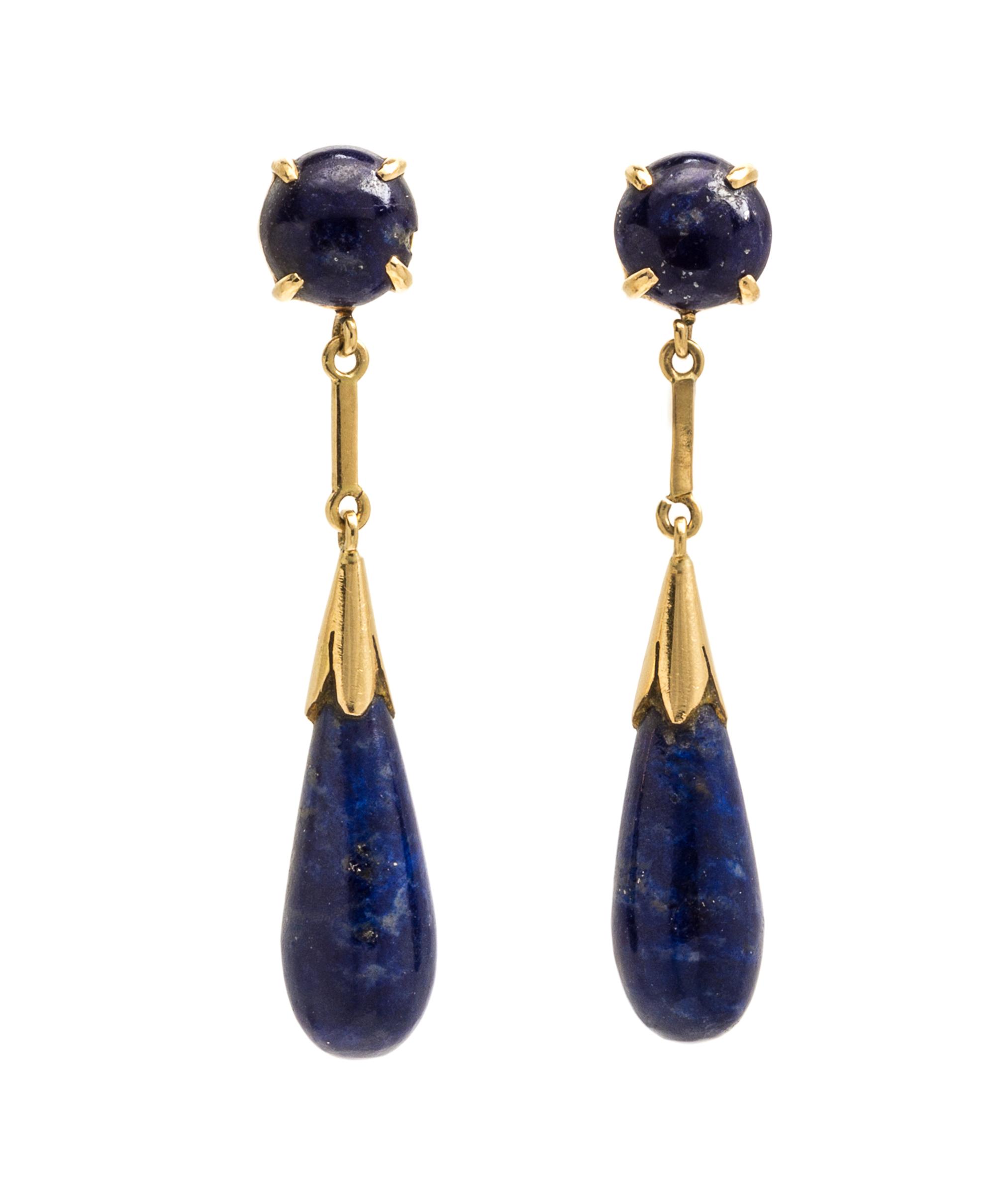 A Pair of 14 Karat Yellow Gold and Lapis Lazuli Dangle Earrings, 3.10 dwts.