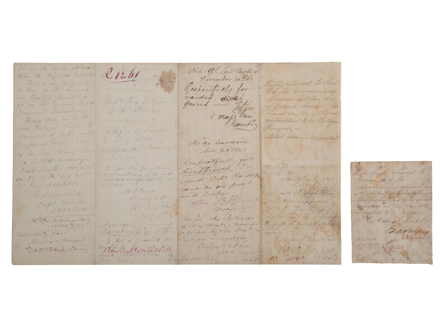 [CIVIL WAR]. Request for transfer to John Mosby's Command from Robert and Charles Latham, Company H, 4th Virginia Cavalry, signed by J.E.B. STUART and Fitz LEE. November 1863.