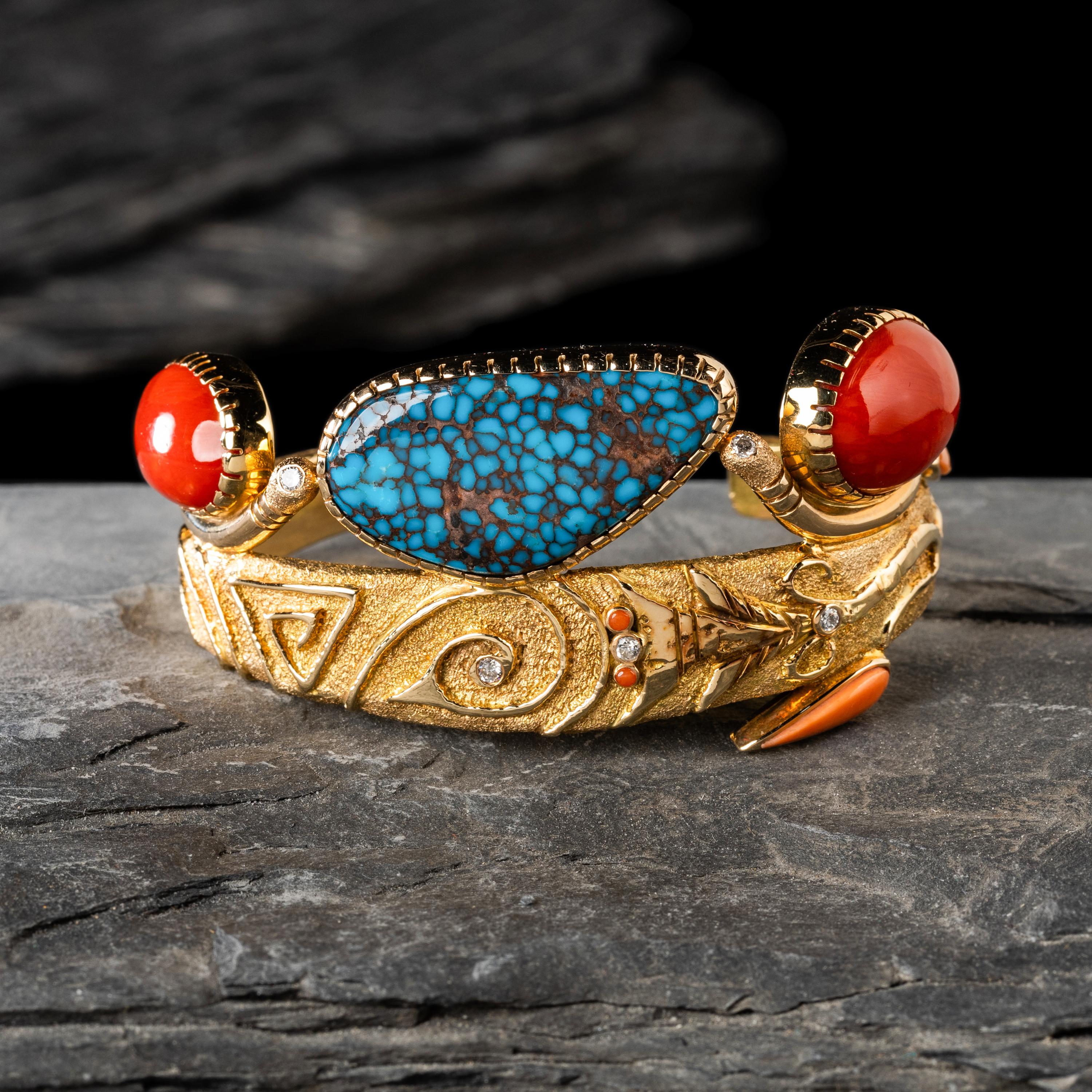 Jesse Monongya (Hopi-Diné, 1952-2024) — Tufa Cast Yellow Gold, Coral, Candelaria Turquoise, and Diamond Cuff Bracelet