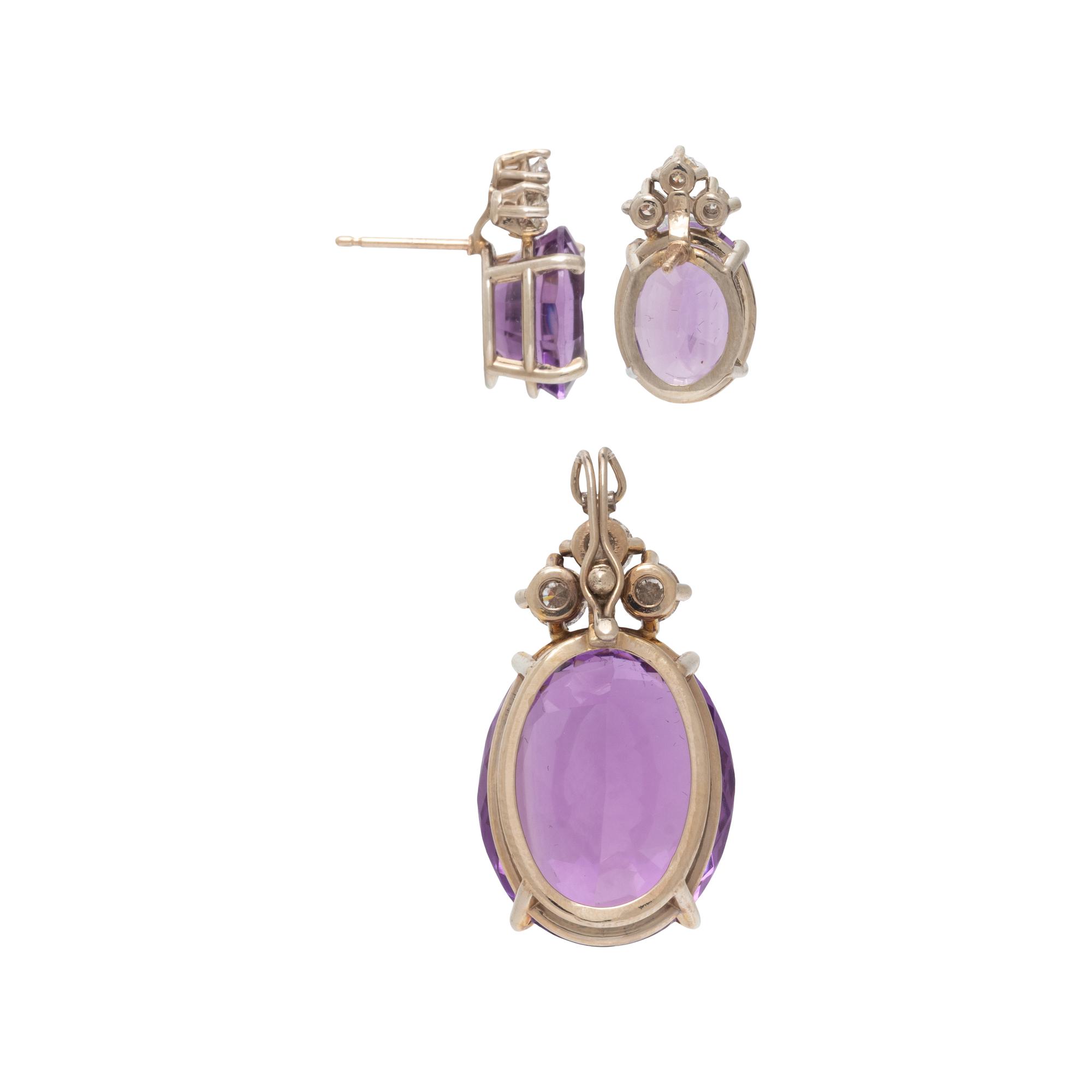 AMETHYST AND DIAMOND PENDANT AND EARRINGS