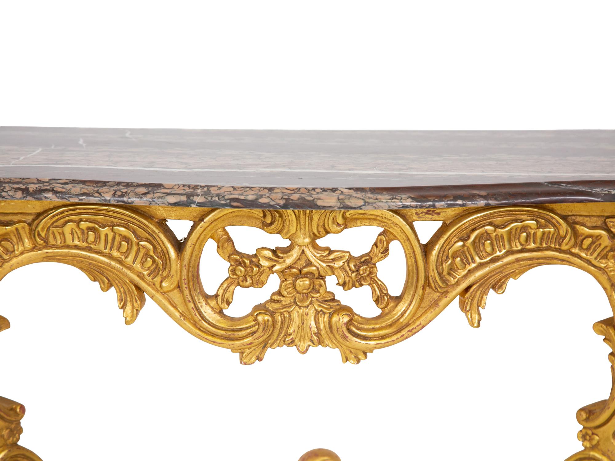 A Pair of Louis XV Style Giltwood Marble-Top Console Tables
