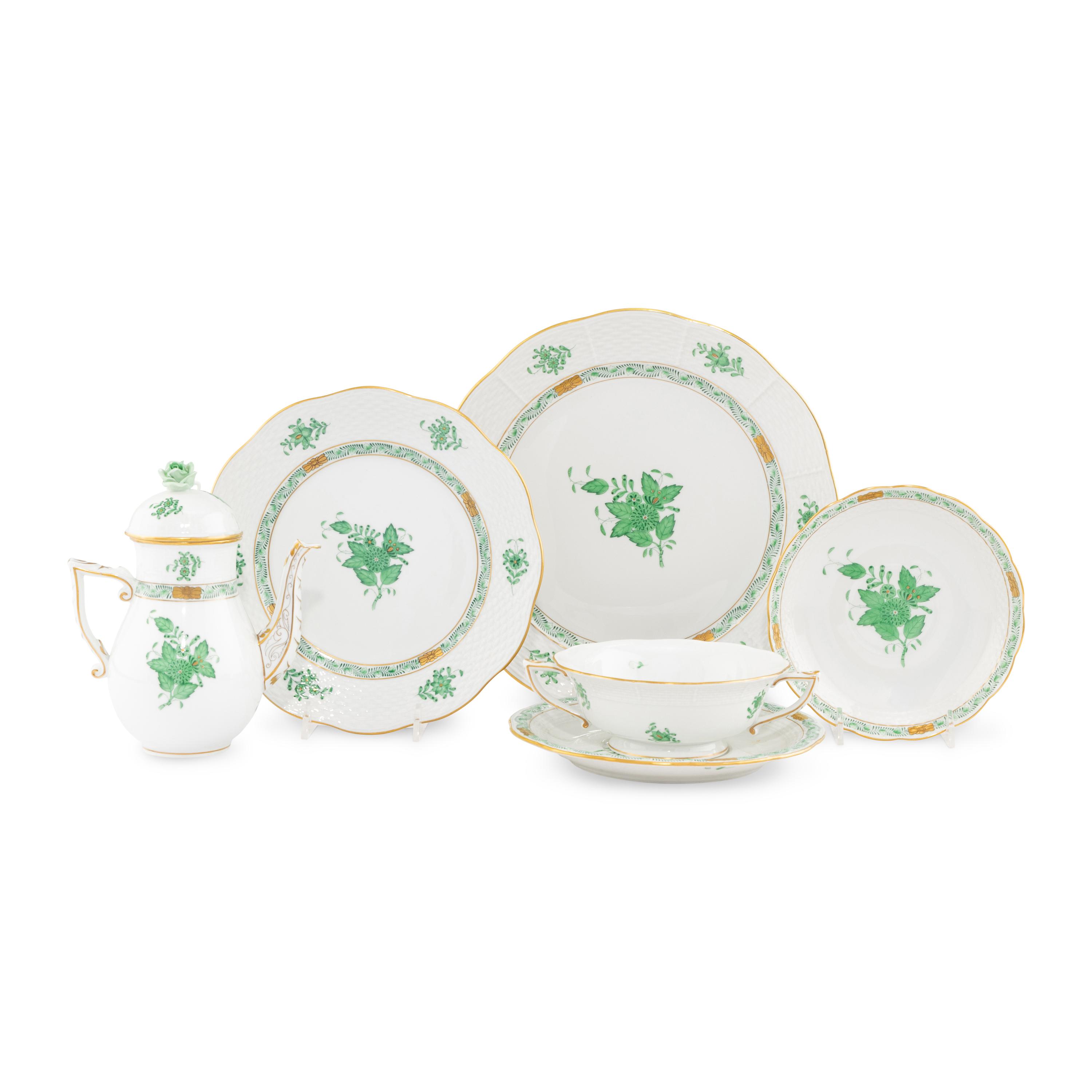 A Herend Chinese Bouquet Green Porcelain Dinner Service