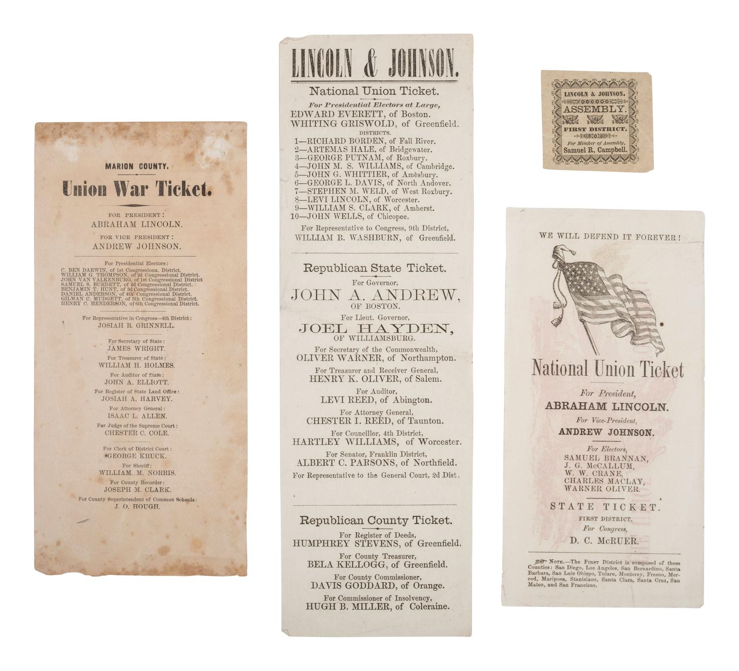 [LINCOLNIANA]. 4 items, incl. Lincoln and Johnson electoral tickets for California, Iowa, and Mass.