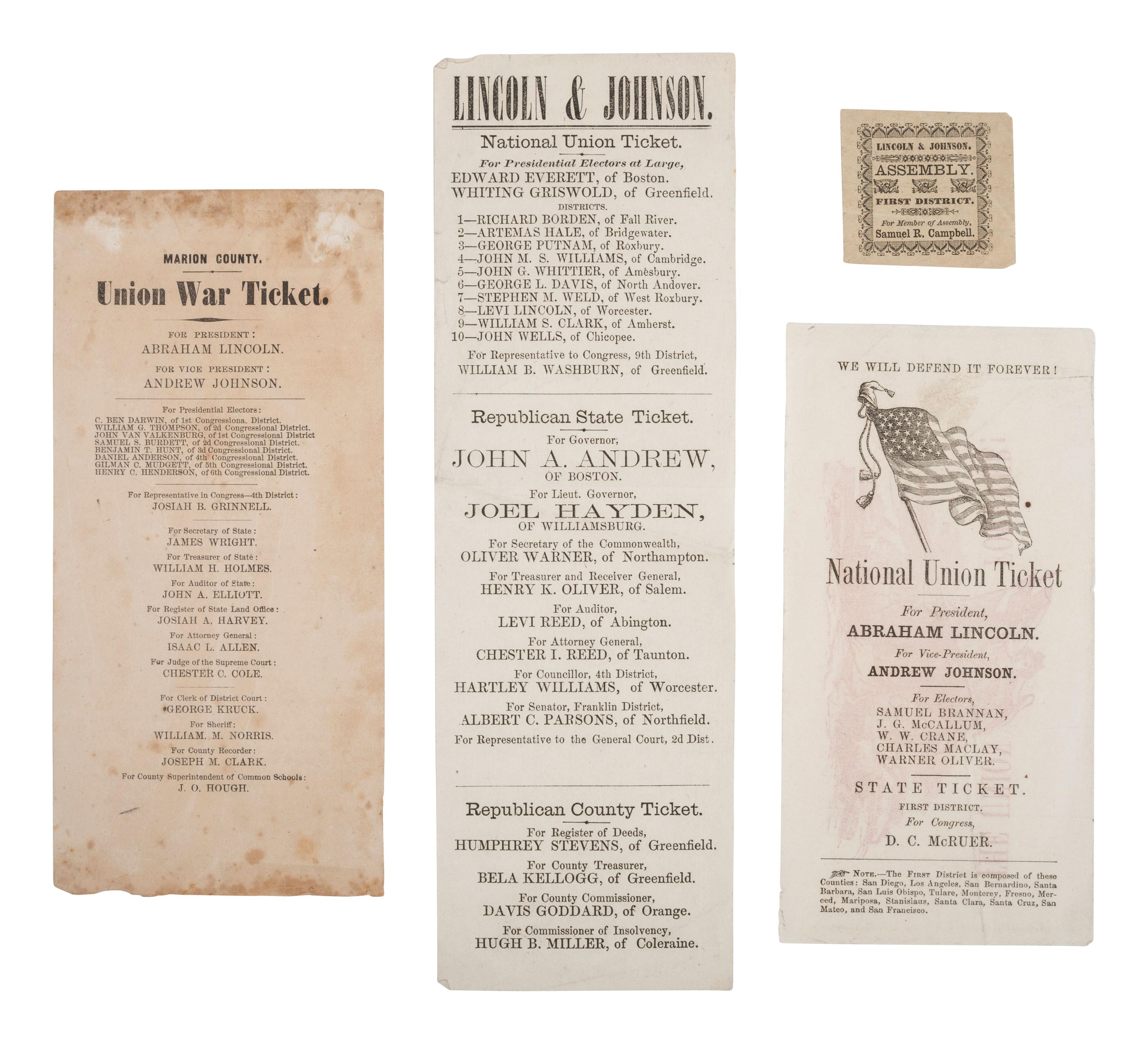 [LINCOLNIANA]. 4 items, incl. Lincoln and Johnson electoral tickets for California, Iowa, and Mass.