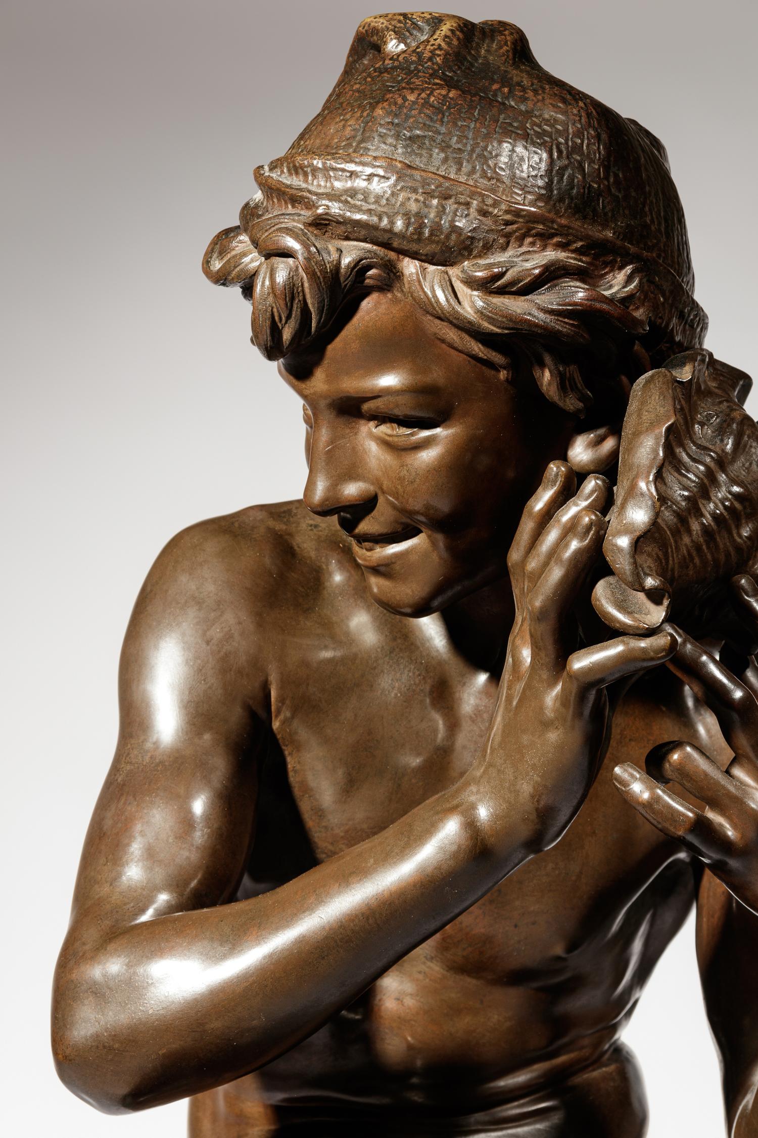 Jean-Baptiste Carpeaux (French, 1827-1875) | 19th Century | Le jeune pêcheur à la coquille | bronze | signed JB Carpeaux and with Propriété Carpeaux stamp | Height 35 1/2 x width 15 5/8 x depth 18 5/8 inches.