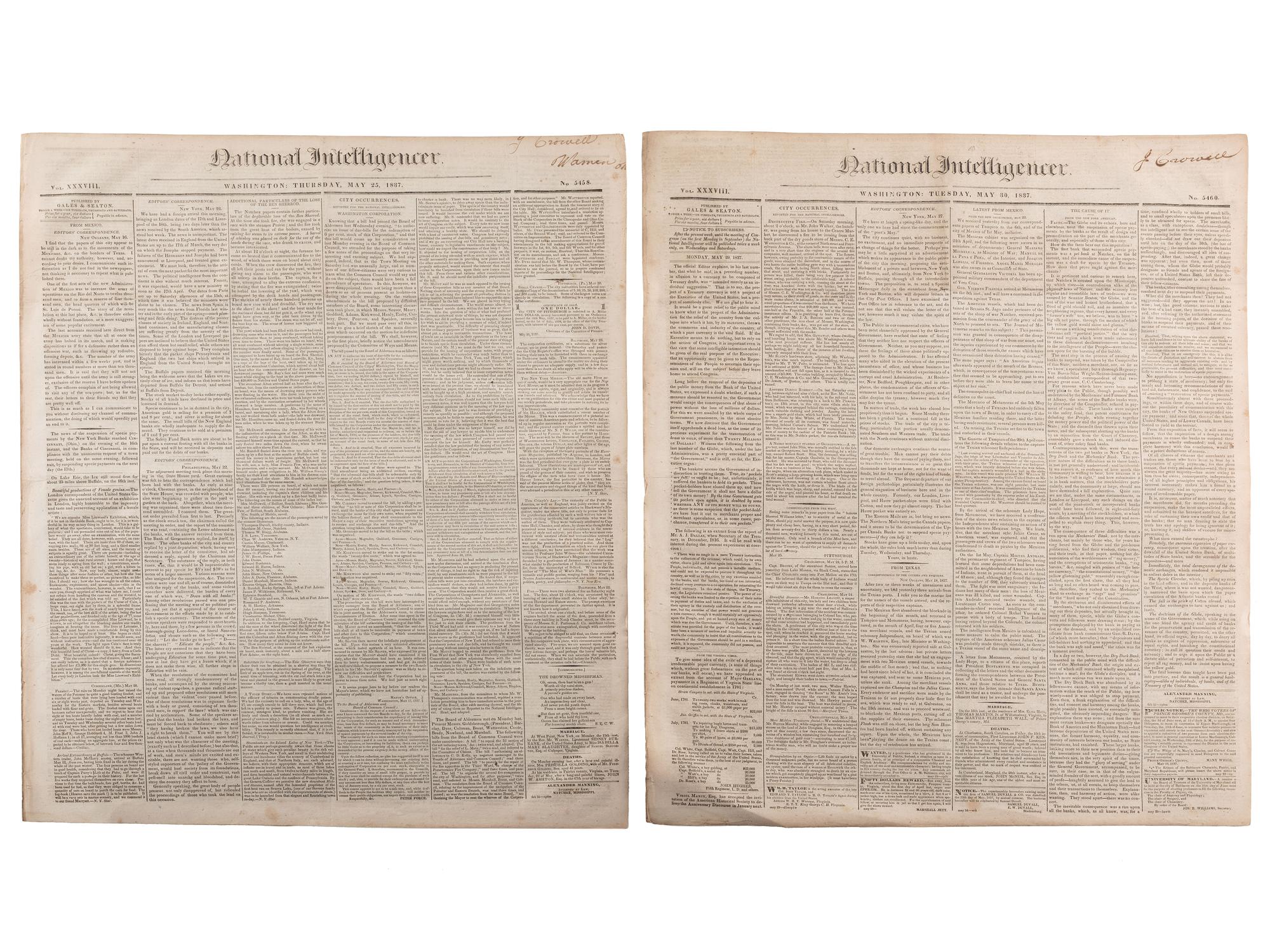 [SLAVERY & ABOLITION]. Advertisements for the return of freedom seekers published in 8 issues of The National Intelligencer . Washington, DC: May-August 1837.