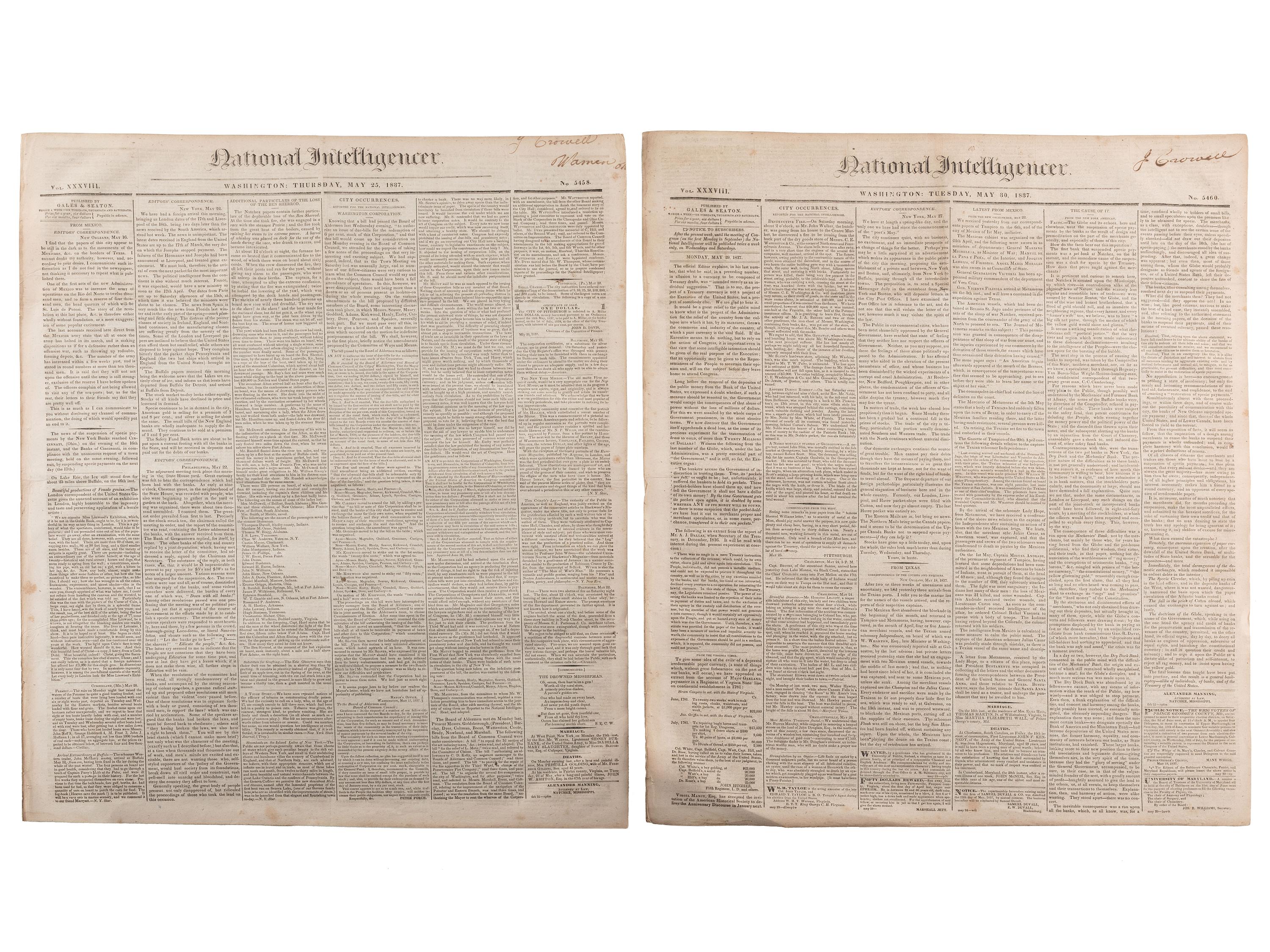 [SLAVERY & ABOLITION]. Advertisements for the return of freedom seekers published in 8 issues of The National Intelligencer . Washington, DC: May-August 1837.