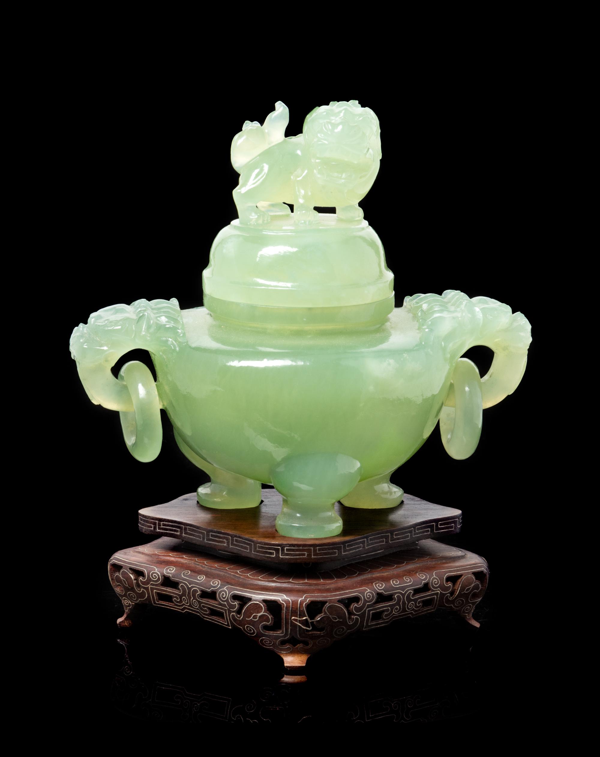A Chinese Serpentine Tripod Censer Height overall 6 inches. — 20TH CENTURY