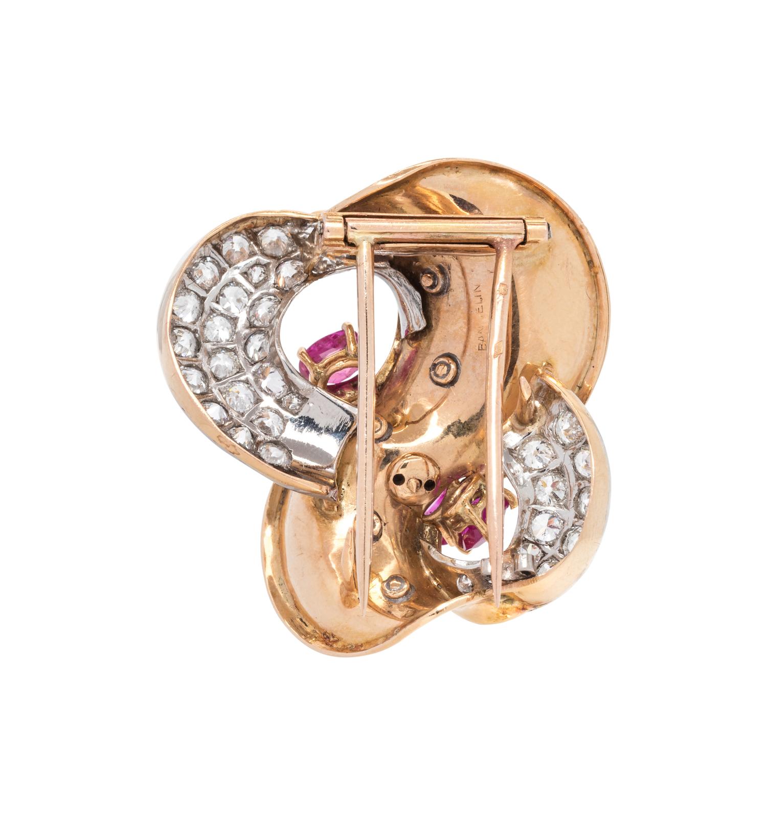 FRENCH, RETRO, RUBY AND DIAMOND BROOCH