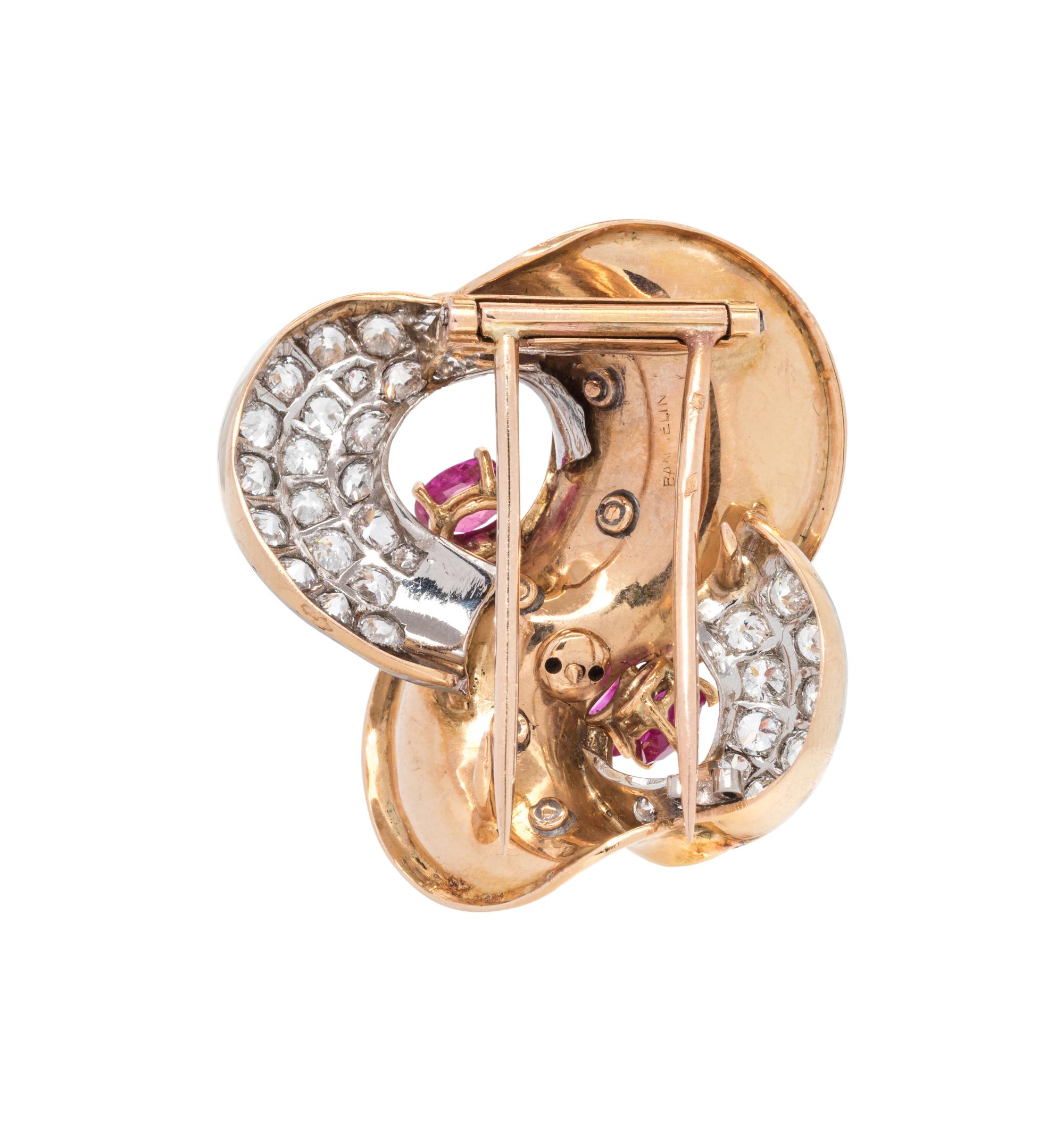 FRENCH, RETRO, RUBY AND DIAMOND BROOCH