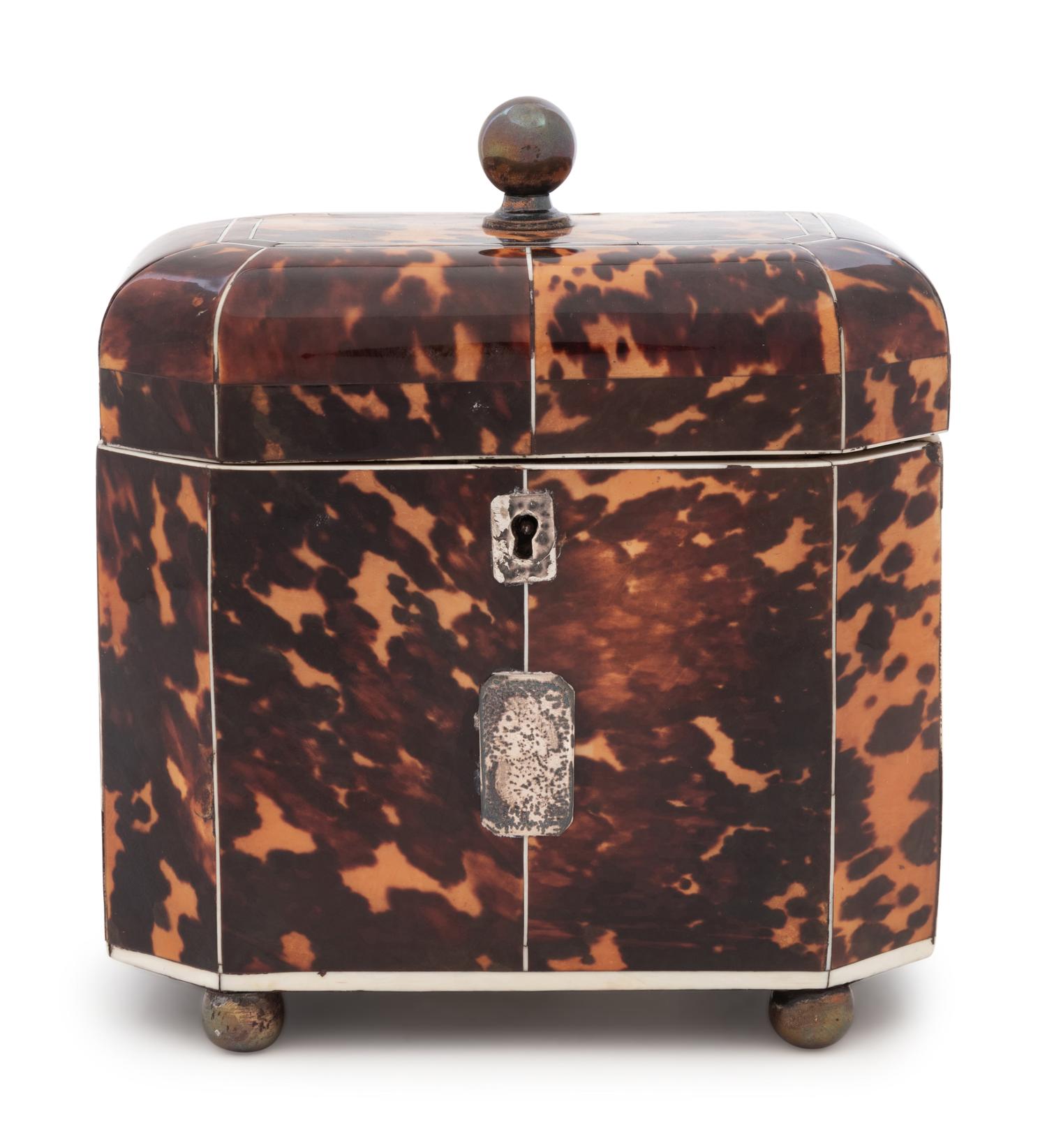 A Regency Tortoise Shell Veneered and Silver-Lined Tea Caddy