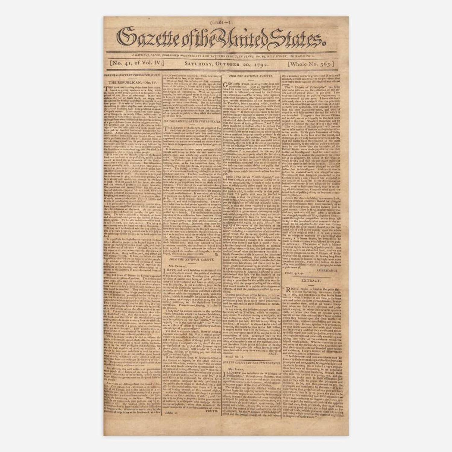 [Hamilton, Alexander, and Thomas Jefferson and George Washington, et al.] [Pacificus-Helvidius] 131 Issues of the Gazette of the United States