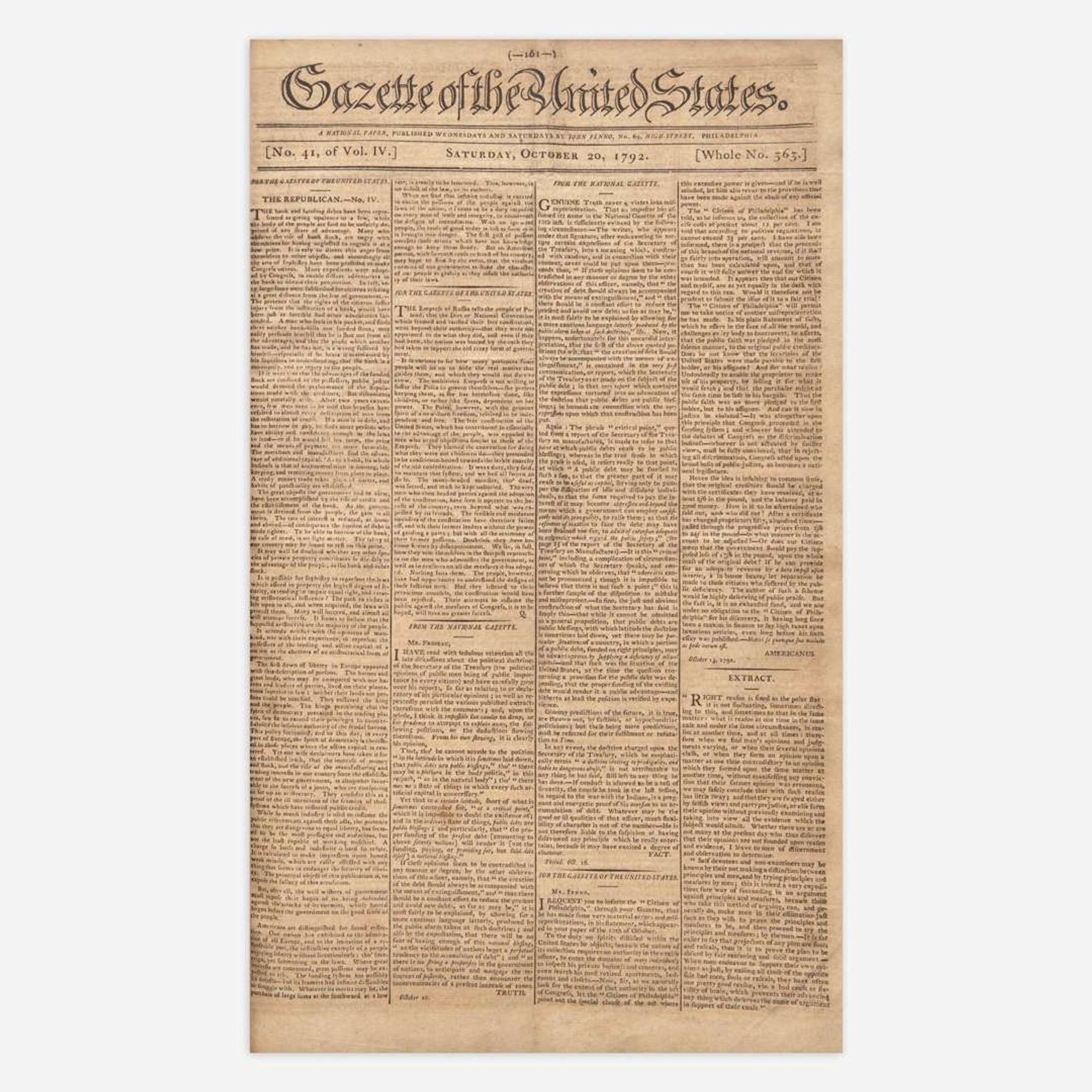 [Hamilton, Alexander, and Thomas Jefferson and George Washington, et al.] [Pacificus-Helvidius] 131 Issues of the Gazette of the United States