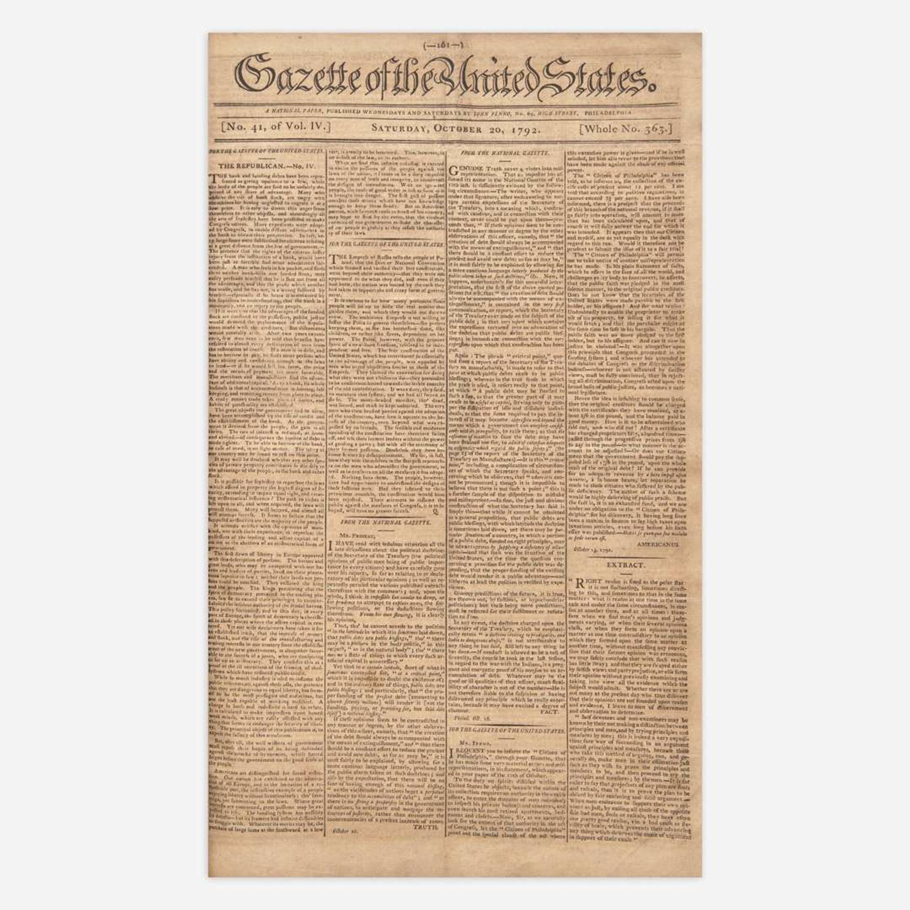 [Hamilton, Alexander, and Thomas Jefferson and George Washington, et al.] [Pacificus-Helvidius] 131 Issues of the Gazette of the United States