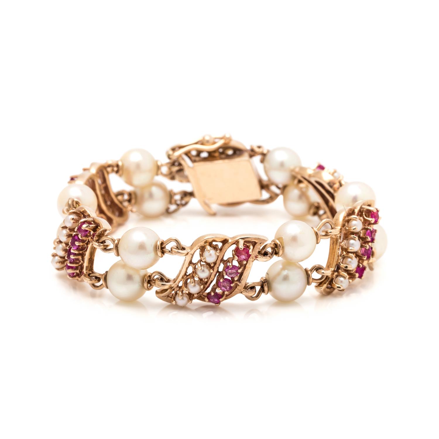 YELLOW GOLD, CULTURED PEARL AND RUBY BRACELET