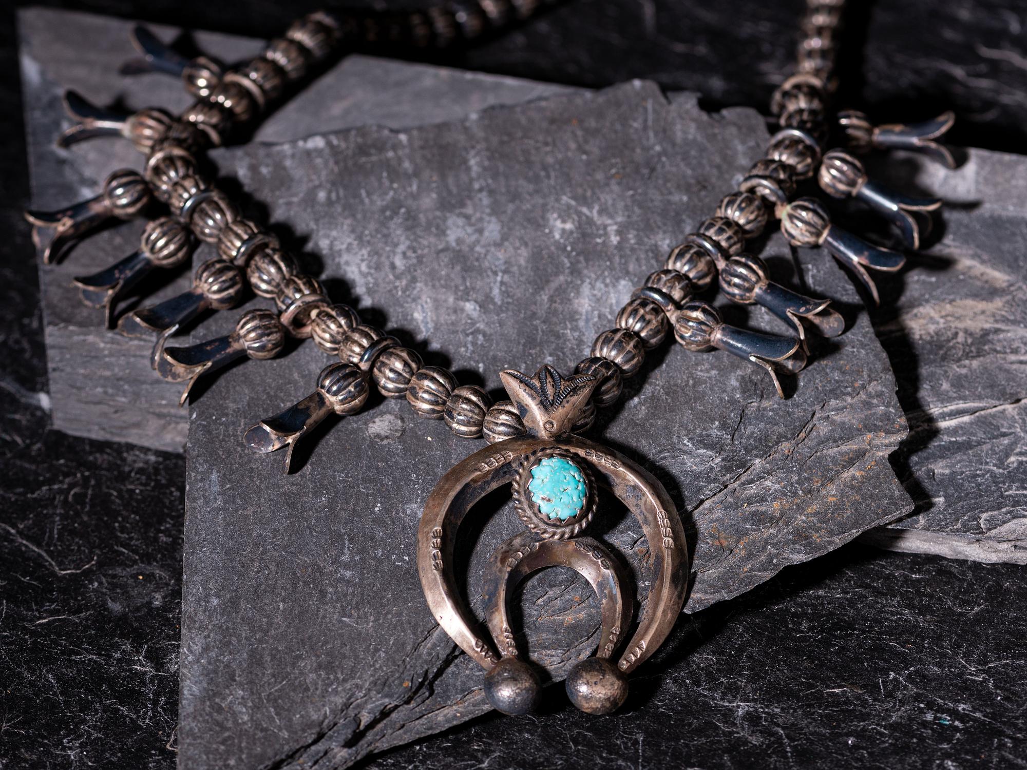 Navajo Silver and Turquoise Squash Blossom Necklace