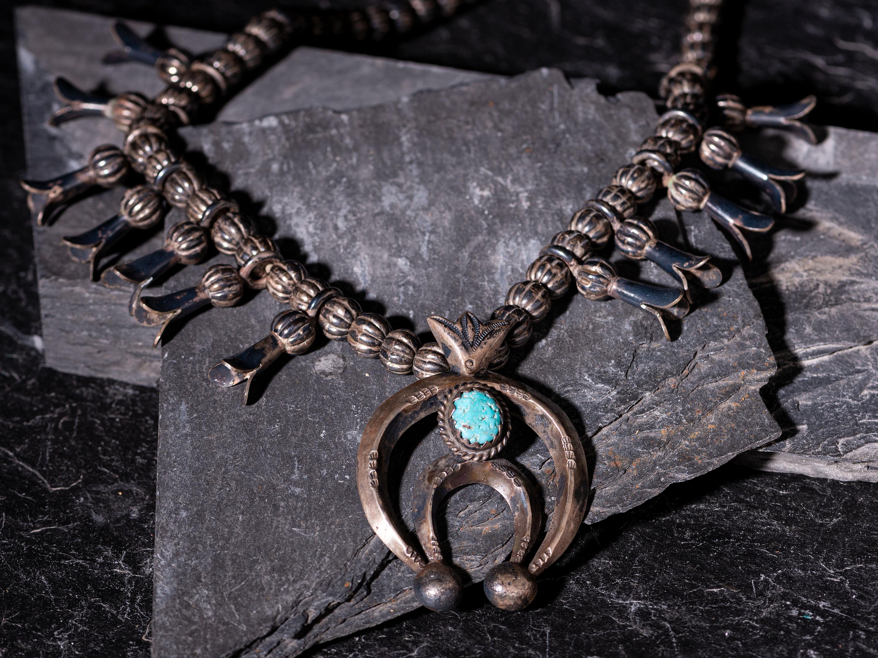 Navajo Silver and Turquoise Squash Blossom Necklace