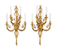 A Pair of Louis XV Style Gilt Bronze Five-Light Sconces