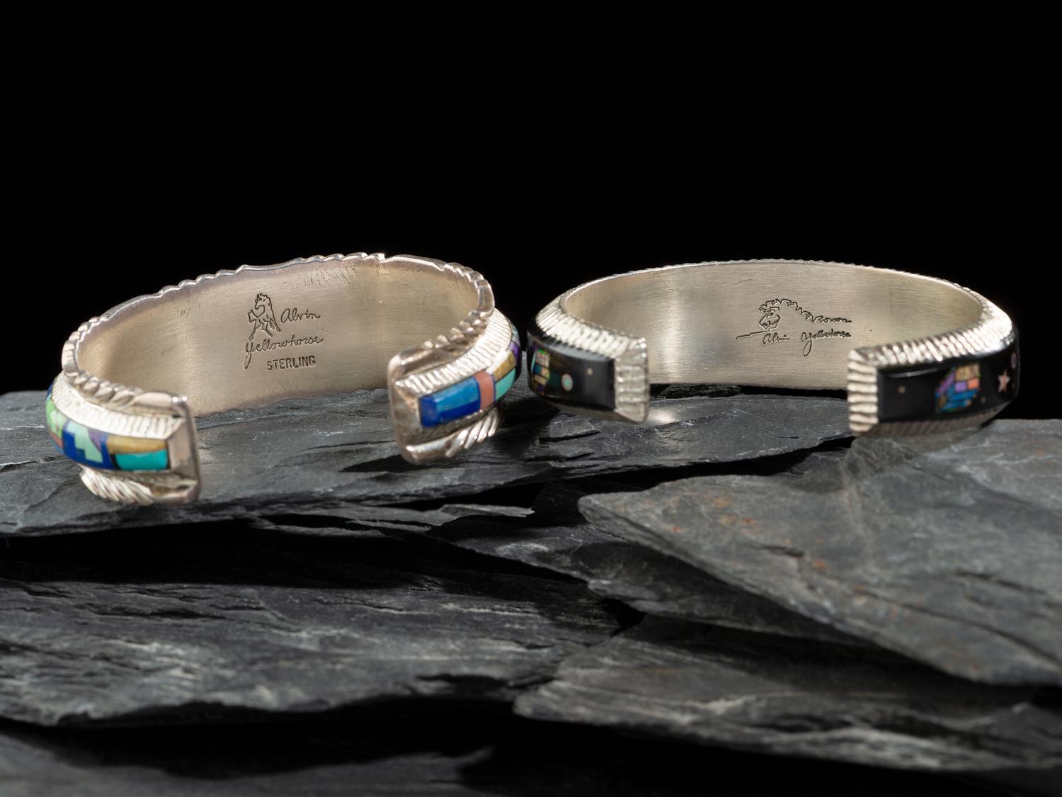 Pair of Sterling Silver and Mosaic Inlay Cuff Bracelets, with Cosmic Scenes
