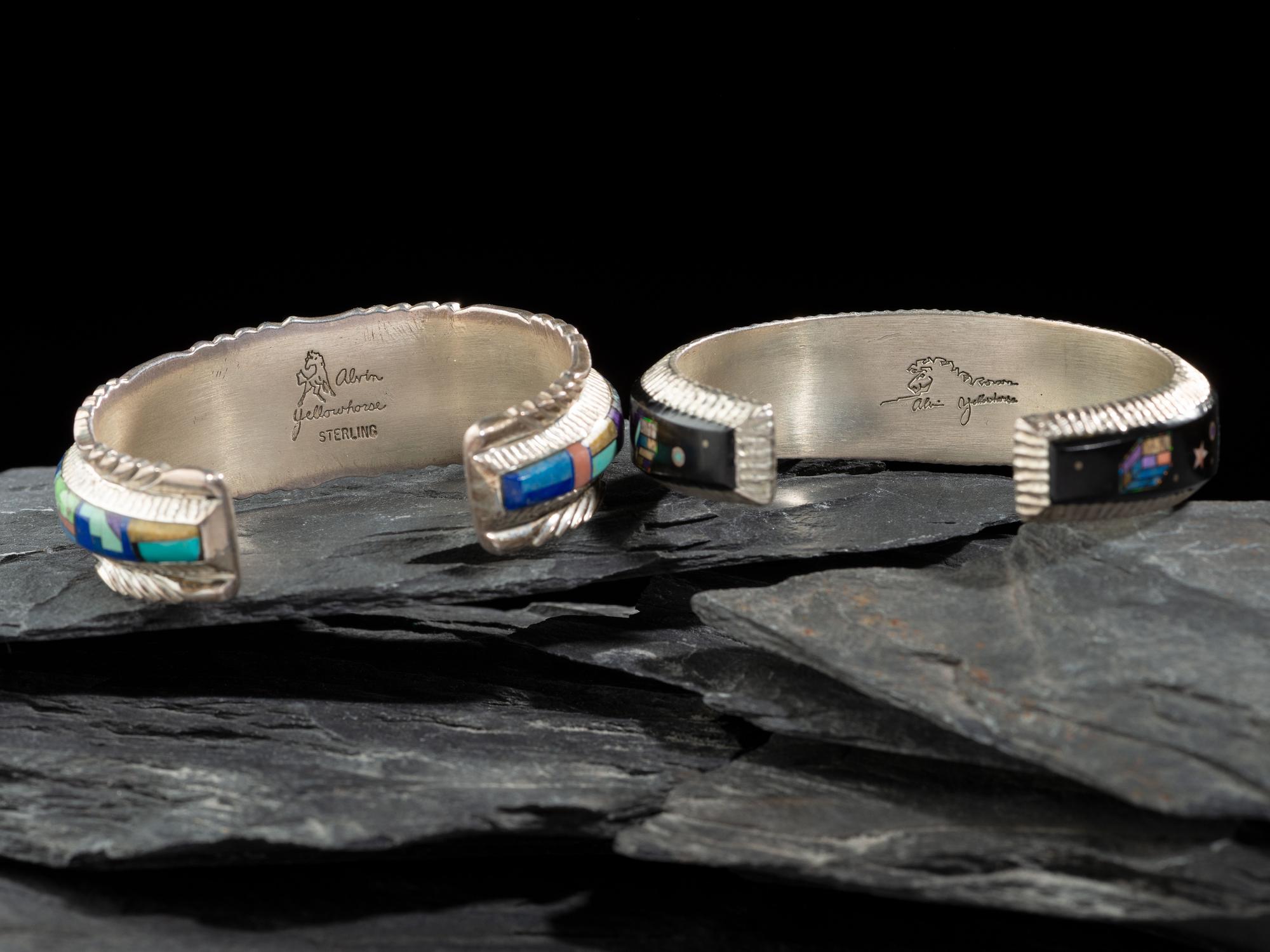Pair of Sterling Silver and Mosaic Inlay Cuff Bracelets, with Cosmic Scenes