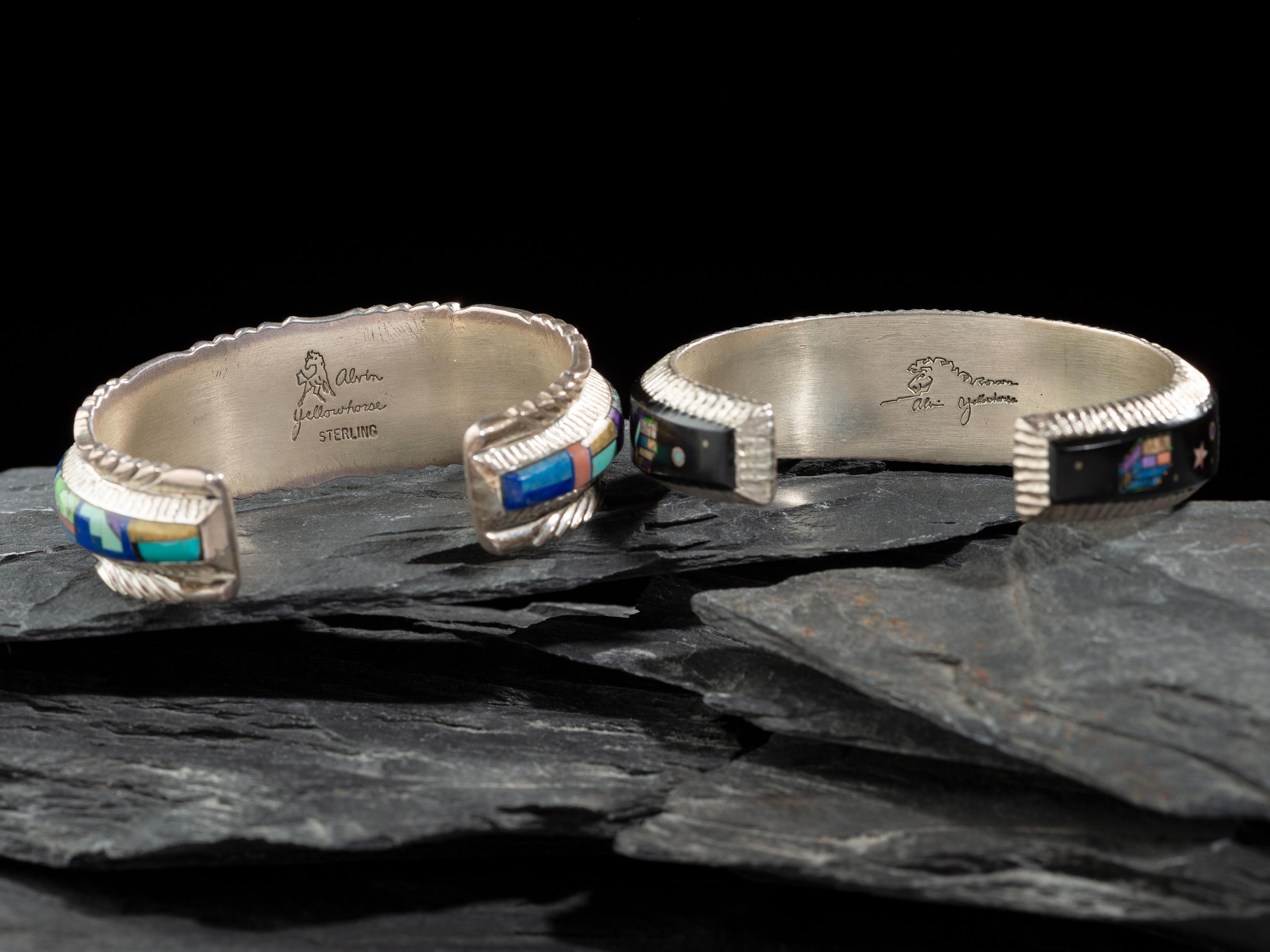 Pair of Sterling Silver and Mosaic Inlay Cuff Bracelets, with Cosmic Scenes