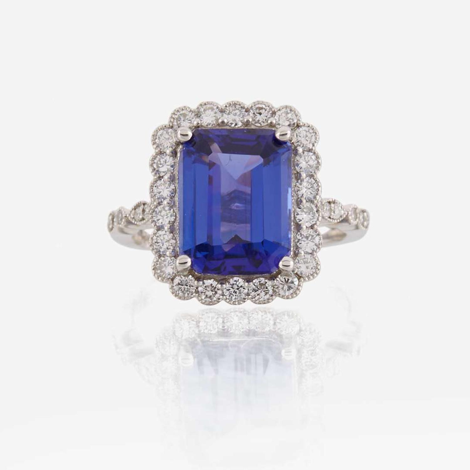 A tanzanite, diamond, and white gold ring
