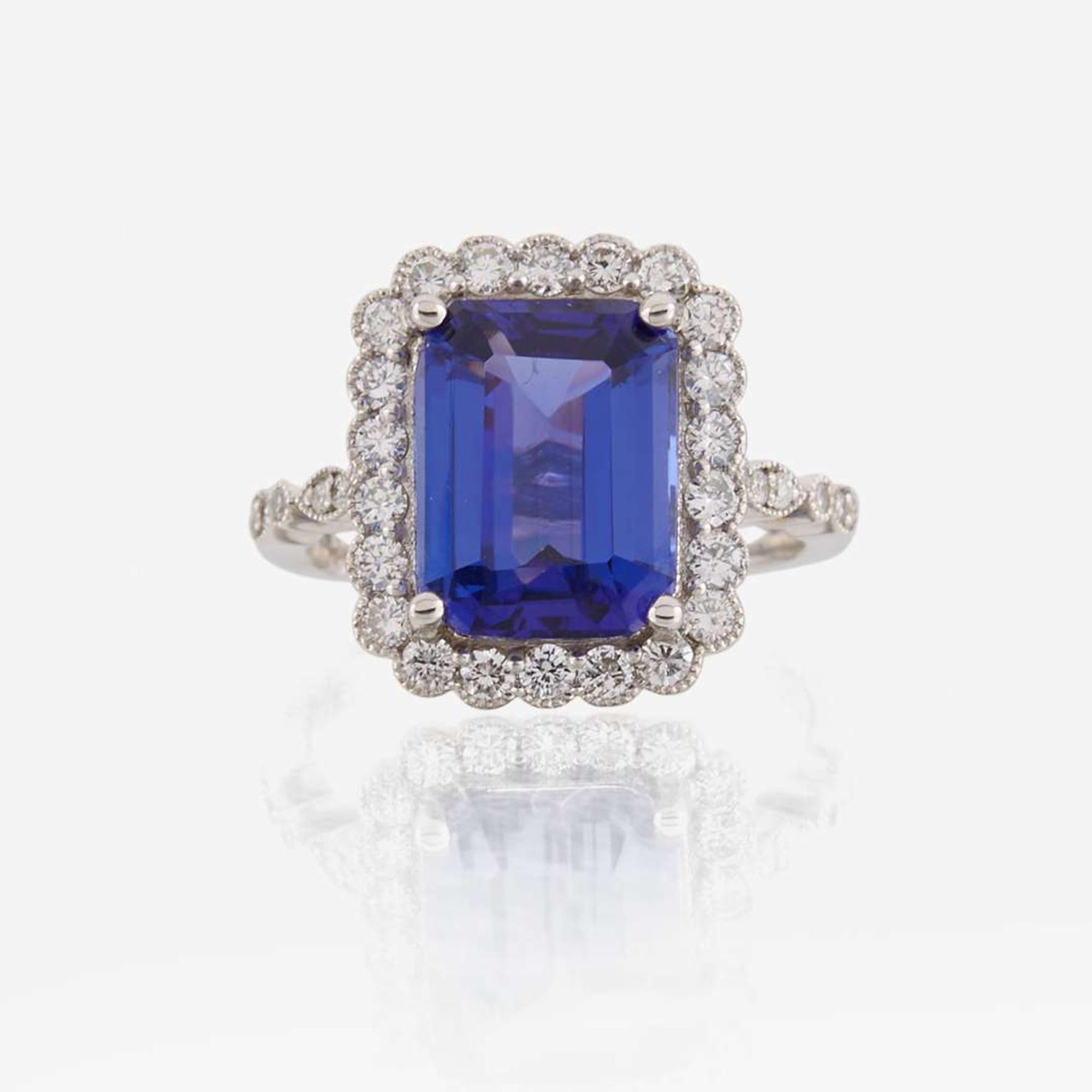 A tanzanite, diamond, and white gold ring
