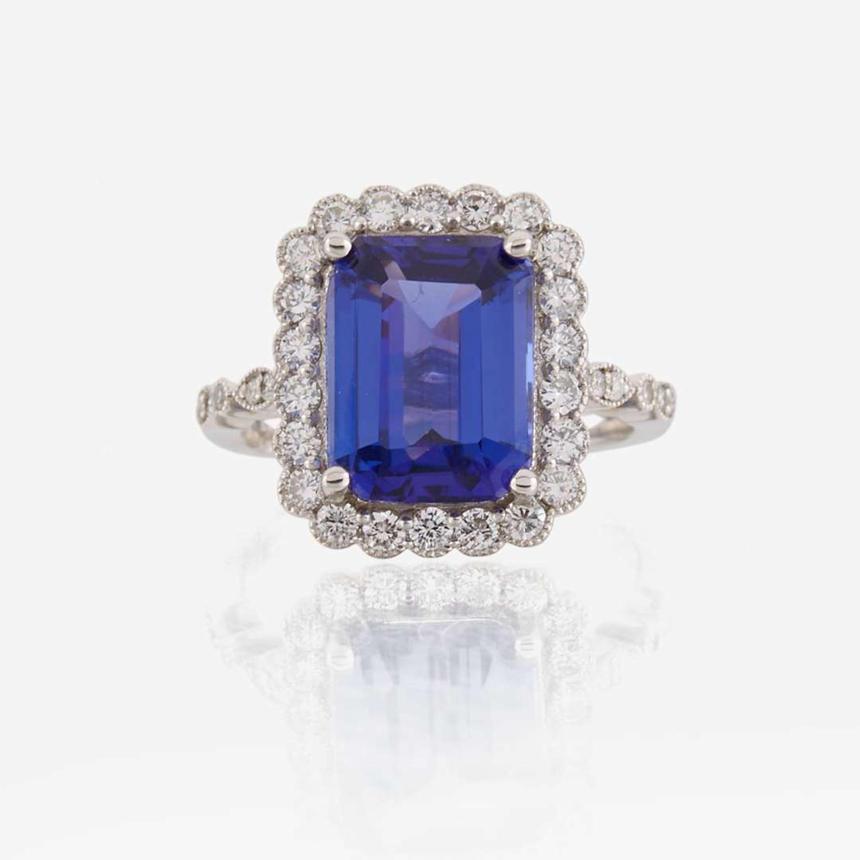 A tanzanite, diamond, and white gold ring