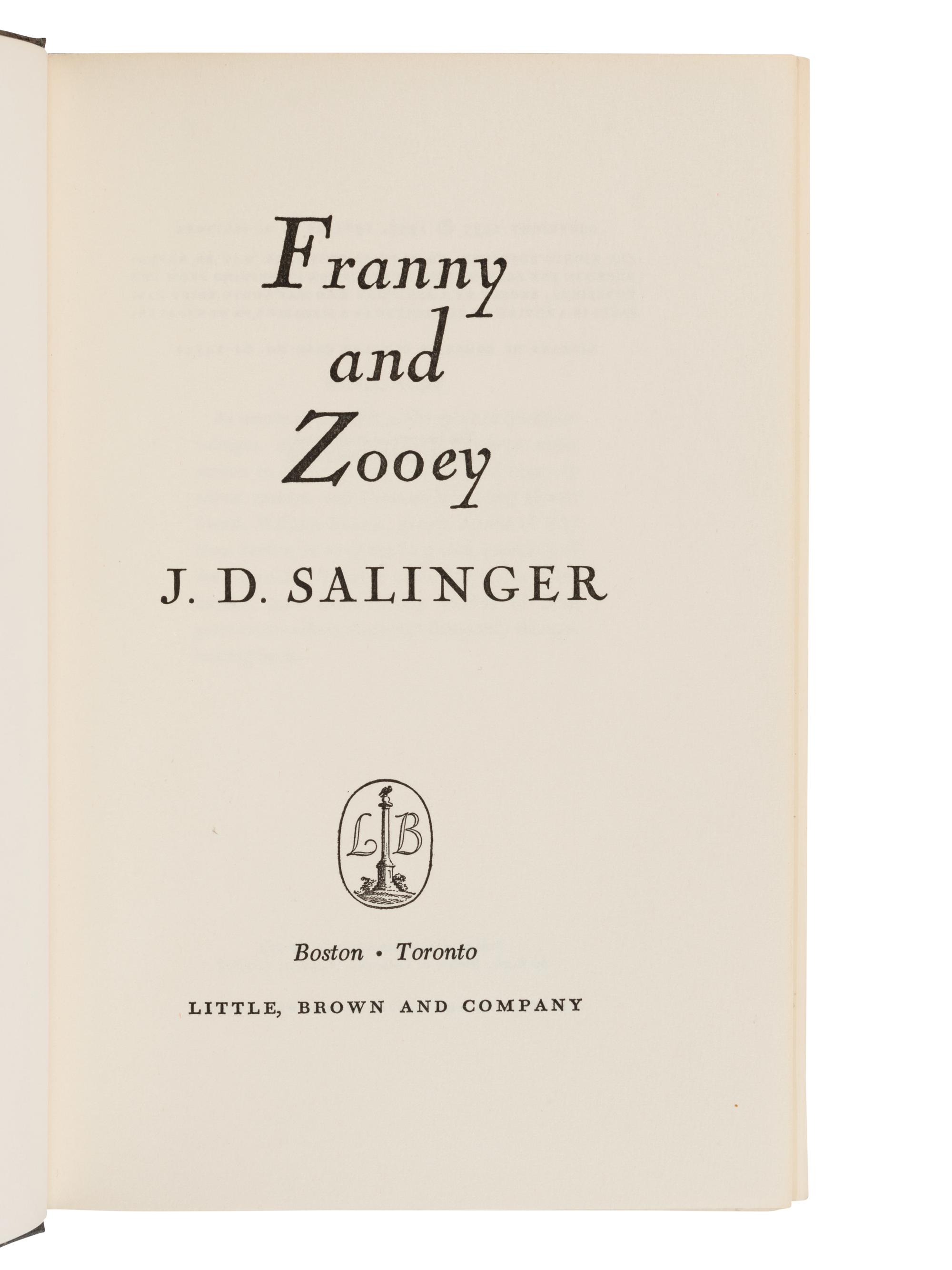 SALINGER, Jerome David (1919-2010). Franny and Zooey . Boston: Little, Brown and Company, 1961.