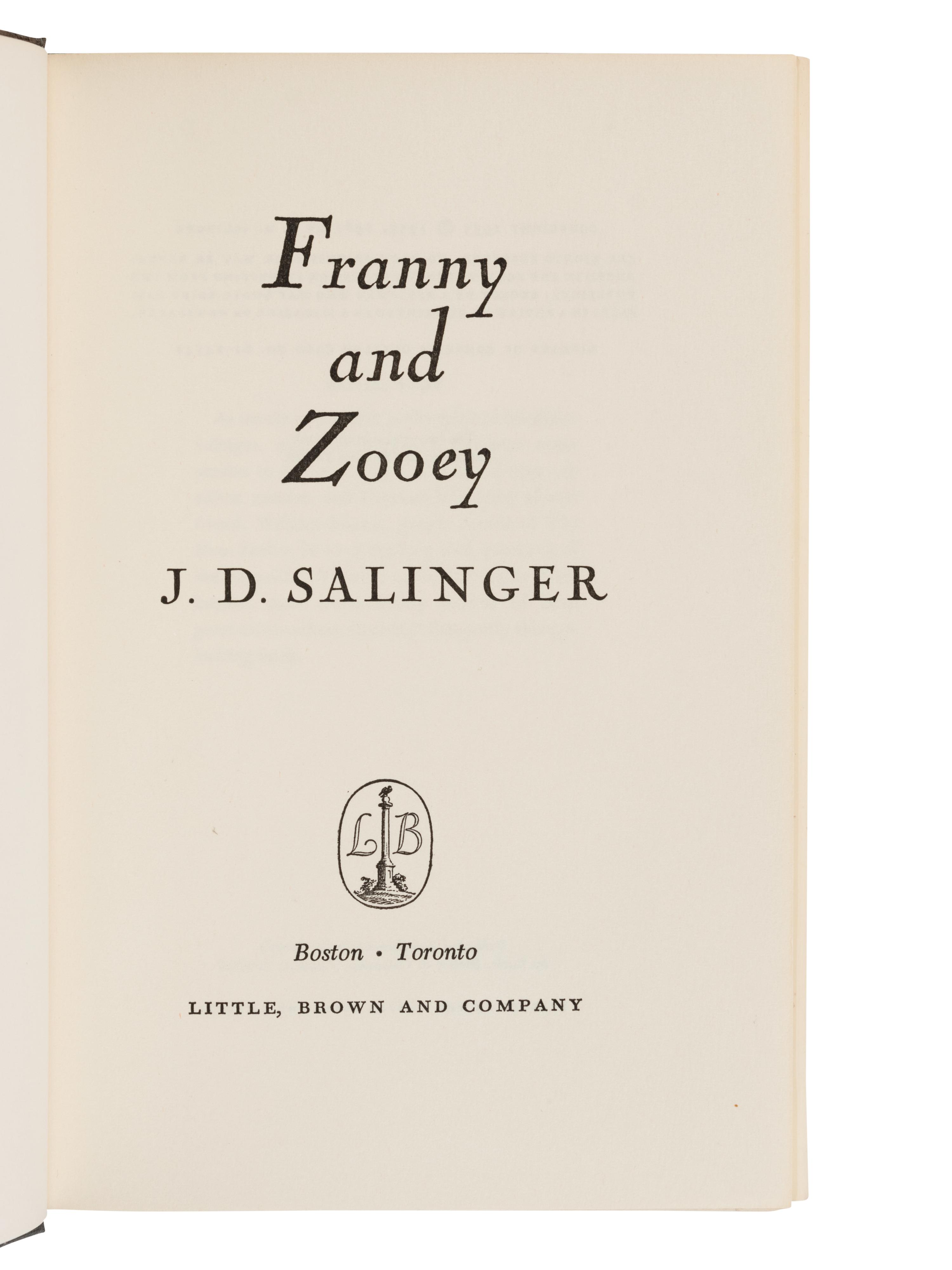 SALINGER, Jerome David (1919-2010). Franny and Zooey . Boston: Little, Brown and Company, 1961.