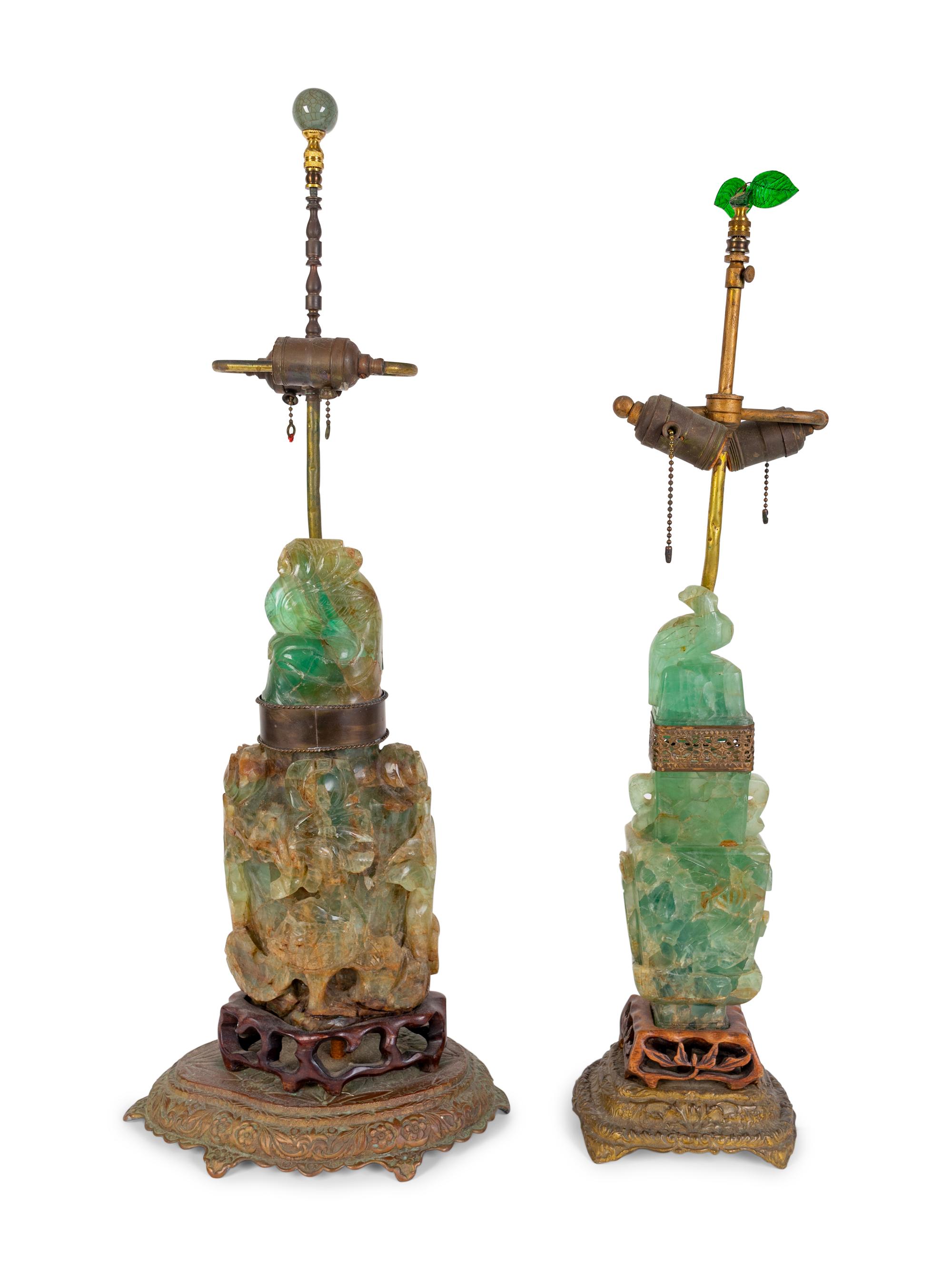 Two Chinese Green Quartz Vases Mounted as Lamps — 20TH CENTURY