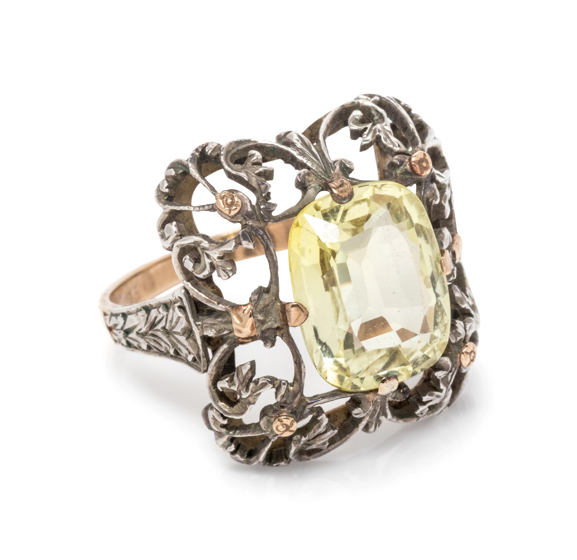 An 18 Karat Yellow Gold, Silver and Yellow Sapphire Ring,