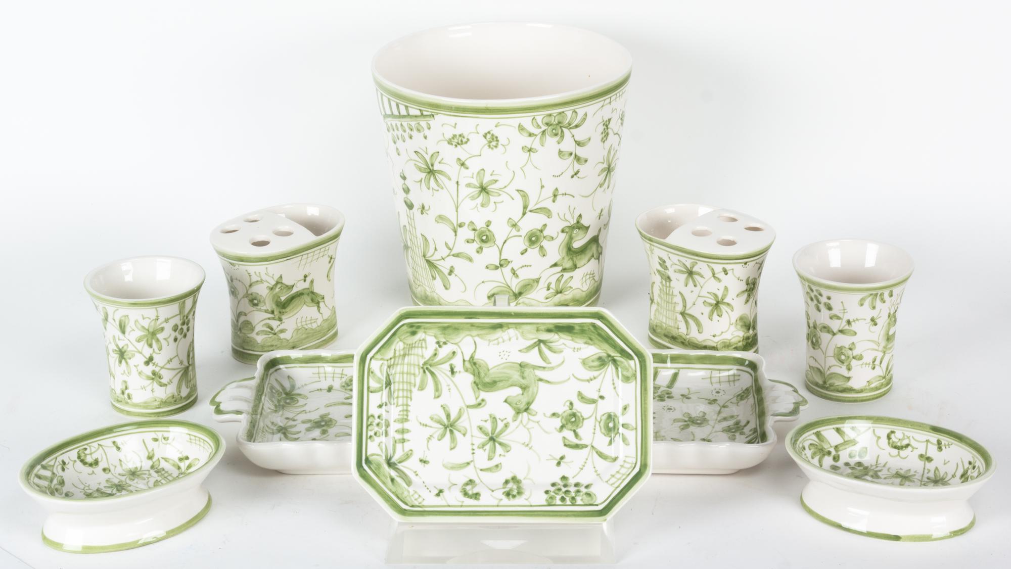 A Portuguese Ceramic Bathroom Set Height of tallest 4 inches.