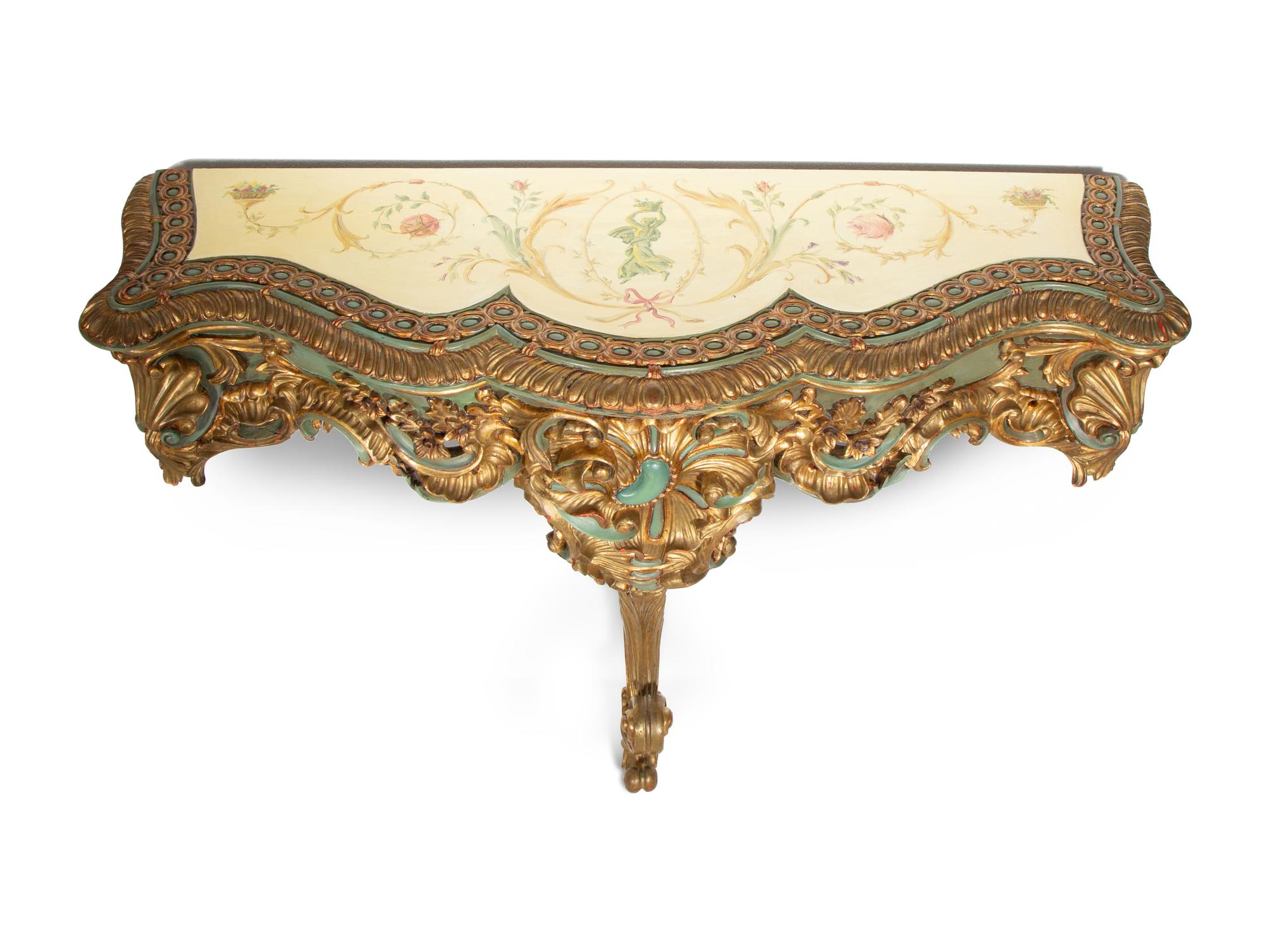 A Pair of Italian Painted and Parcel Gilt Console Tables