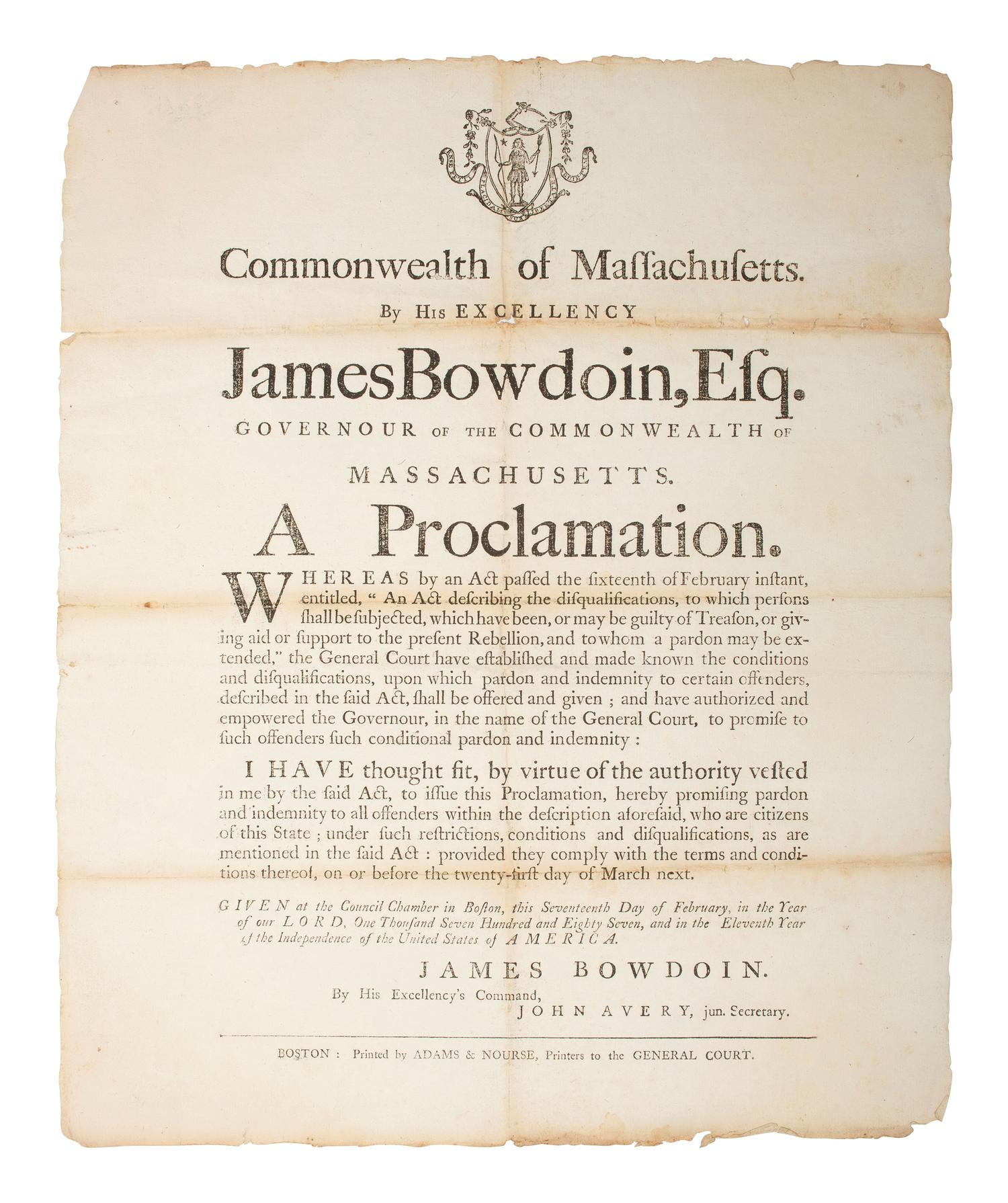 [SHAY'S REBELLION]. By His Excellency James Bowdoin, Esq. Governour of the Commonwealth of Massachusetts. A Proclamation. Boston: Adams & Nourse, 1787.