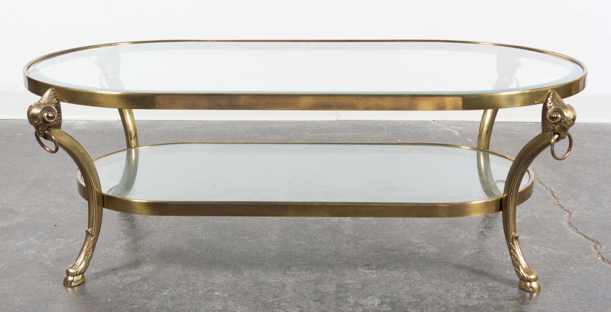 A Neoclassical Brass and Glass Low Table Height 16 x width 48 x depth 26 inches. — SECOND HALF 20TH CENTURY