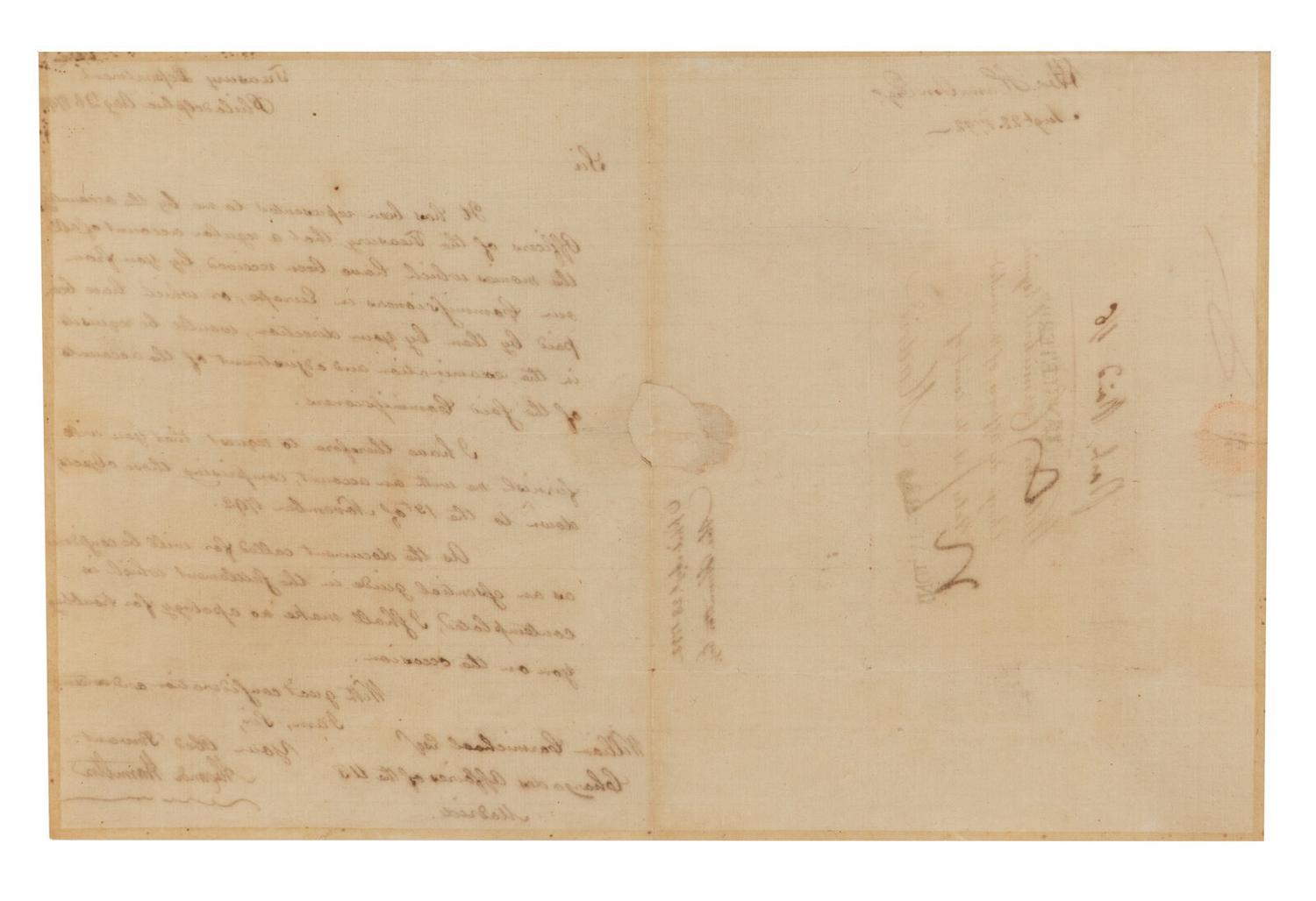 [FOUNDING FATHER]. HAMILTON, Alexander (1757-1804). Manuscript letter signed as Secretary of the Treasury ("Alexandr Hamilton") to William Carmichael, Philadelphia, 28 August 1792.
