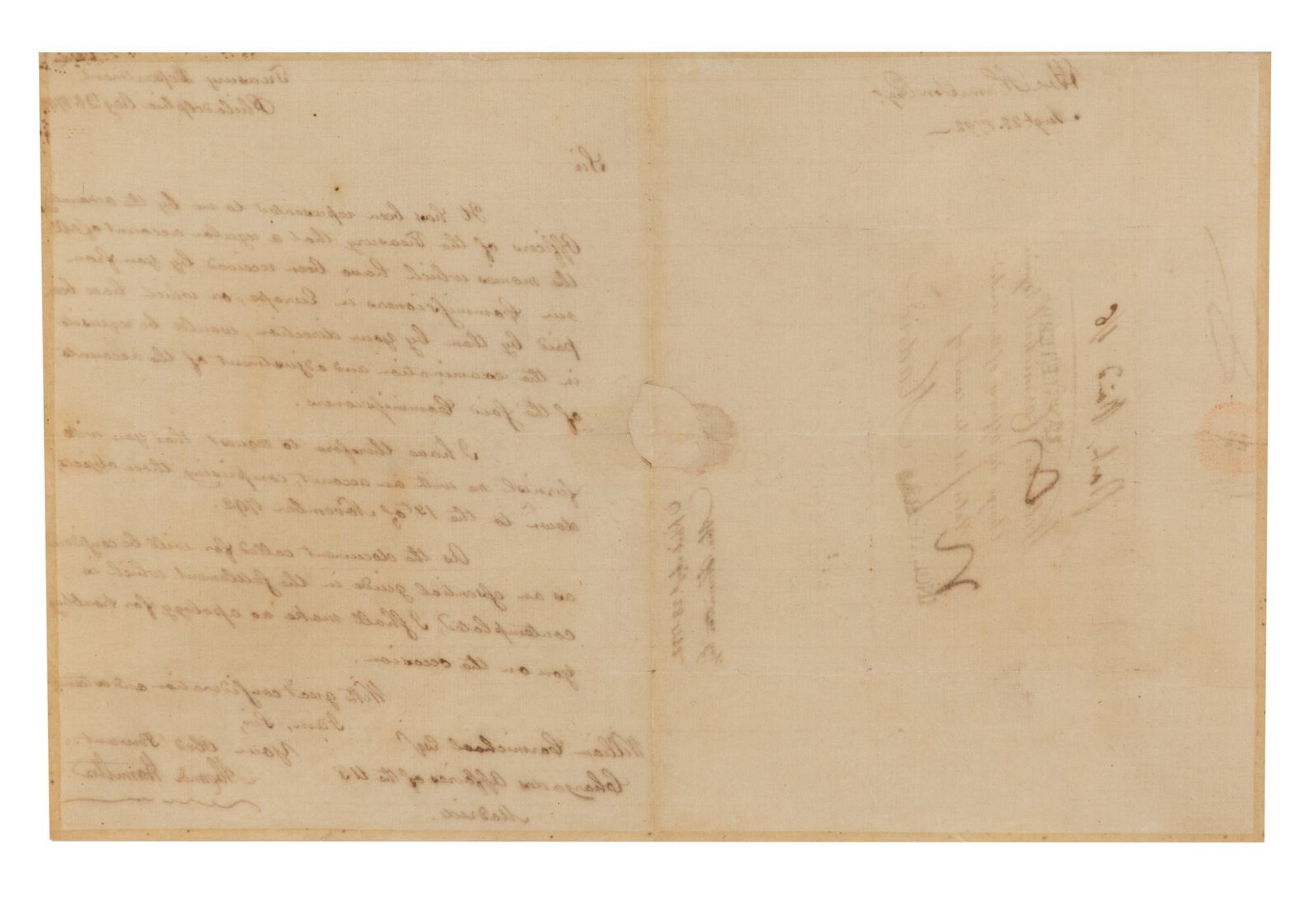 [FOUNDING FATHER]. HAMILTON, Alexander (1757-1804). Manuscript letter signed as Secretary of the Treasury ("Alexandr Hamilton") to William Carmichael, Philadelphia, 28 August 1792.