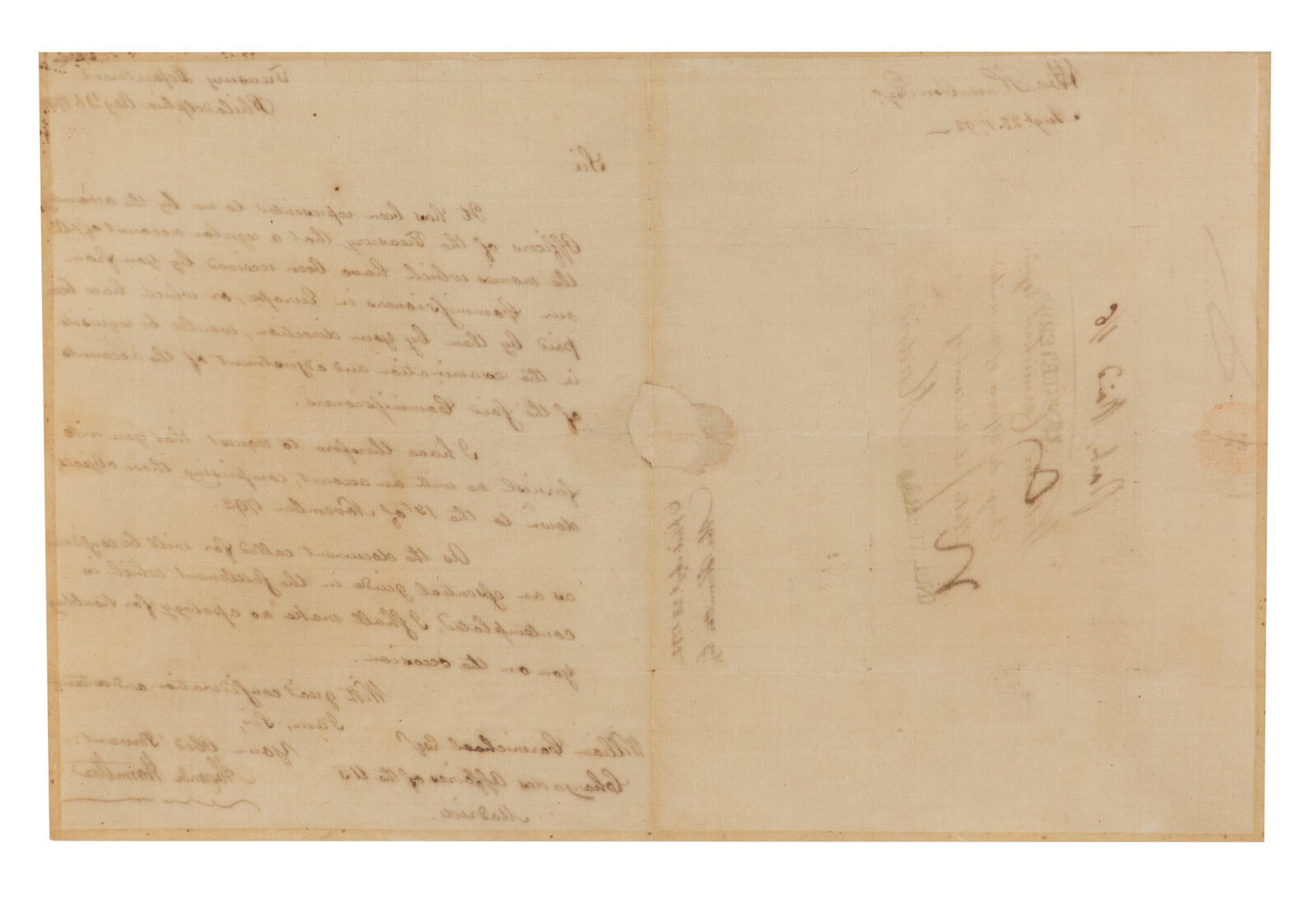 [FOUNDING FATHER]. HAMILTON, Alexander (1757-1804). Manuscript letter signed as Secretary of the Treasury ("Alexandr Hamilton") to William Carmichael, Philadelphia, 28 August 1792.