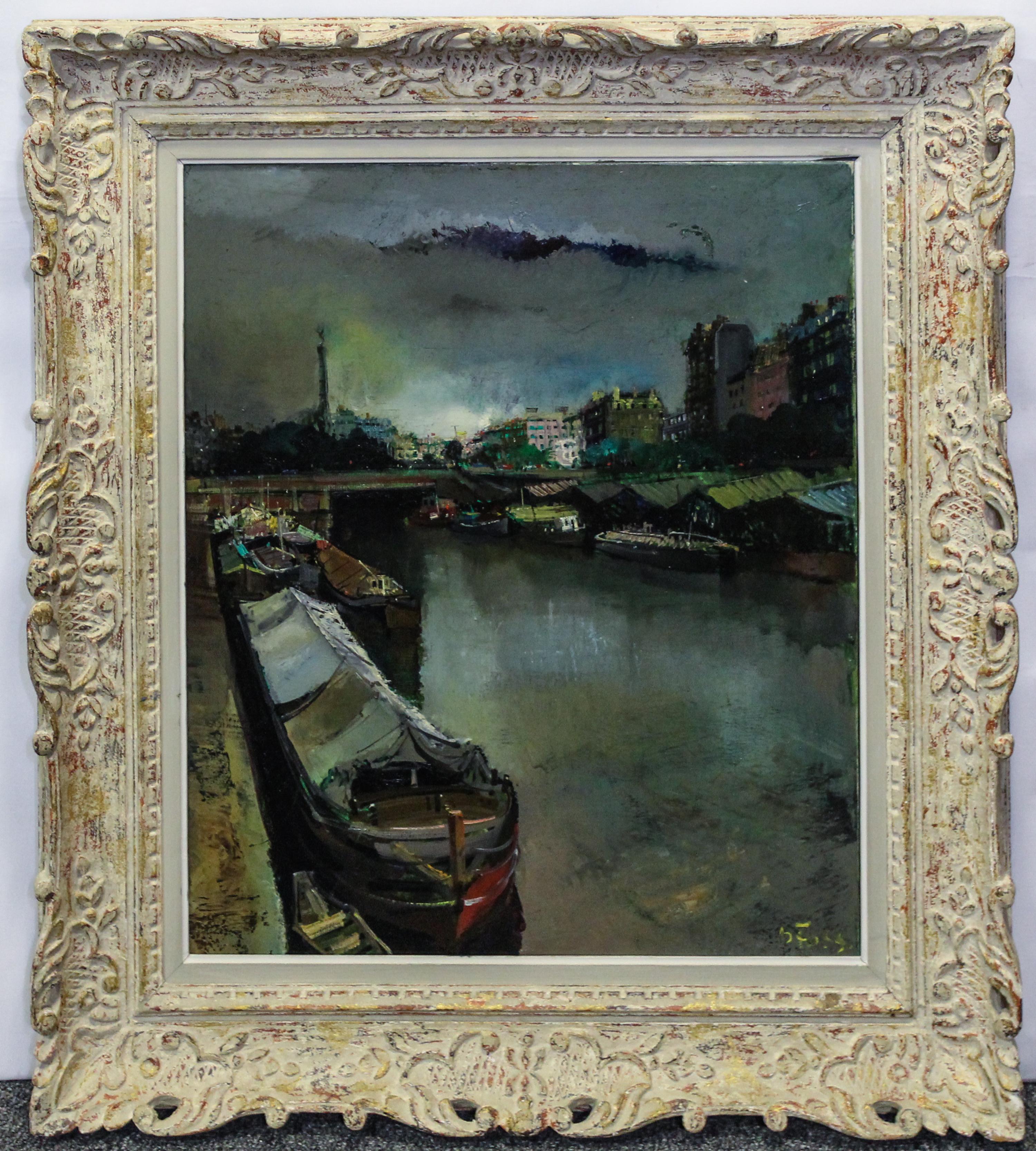 Oliver Foss, (German/American, 1920-2002), Bateaux Moored Quayside on the Seine